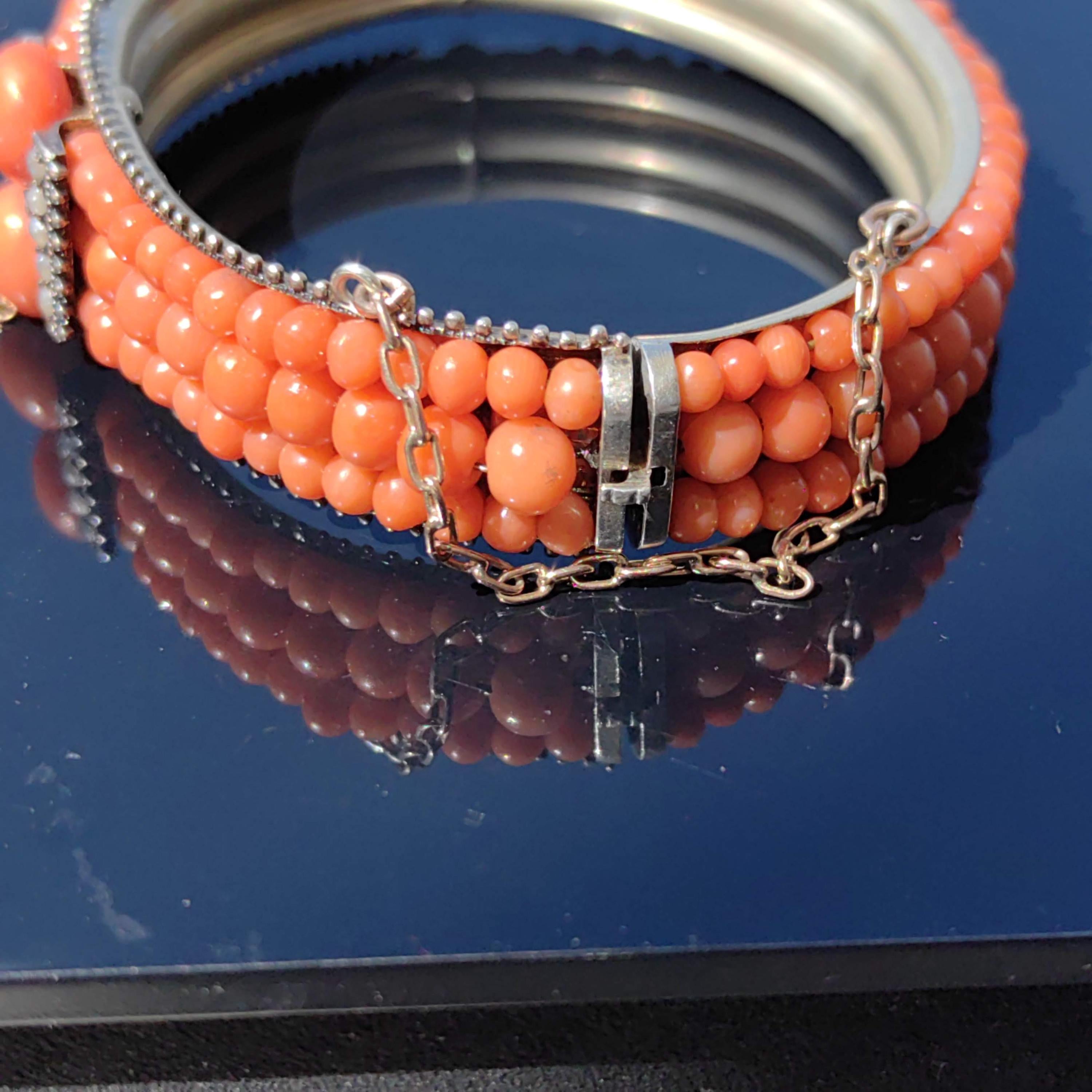 Victorian 800 Silver Coral Bangle Bracelet: Pearl Accent Statement Jewelry