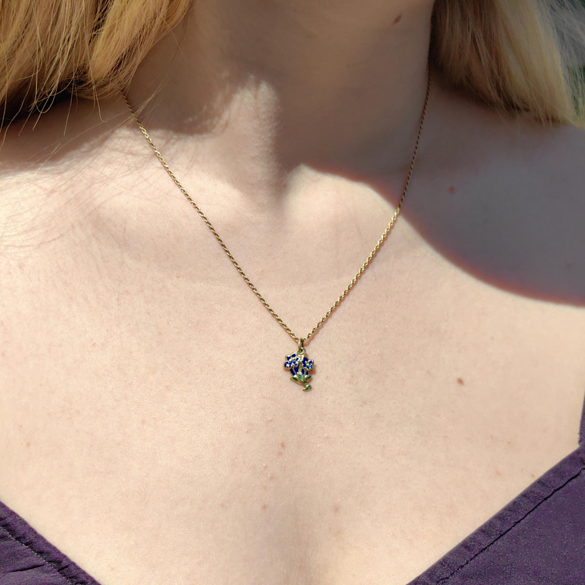 14k Gold Art Deco Floral Pendant: Hand Painted Enamel Flower Charm