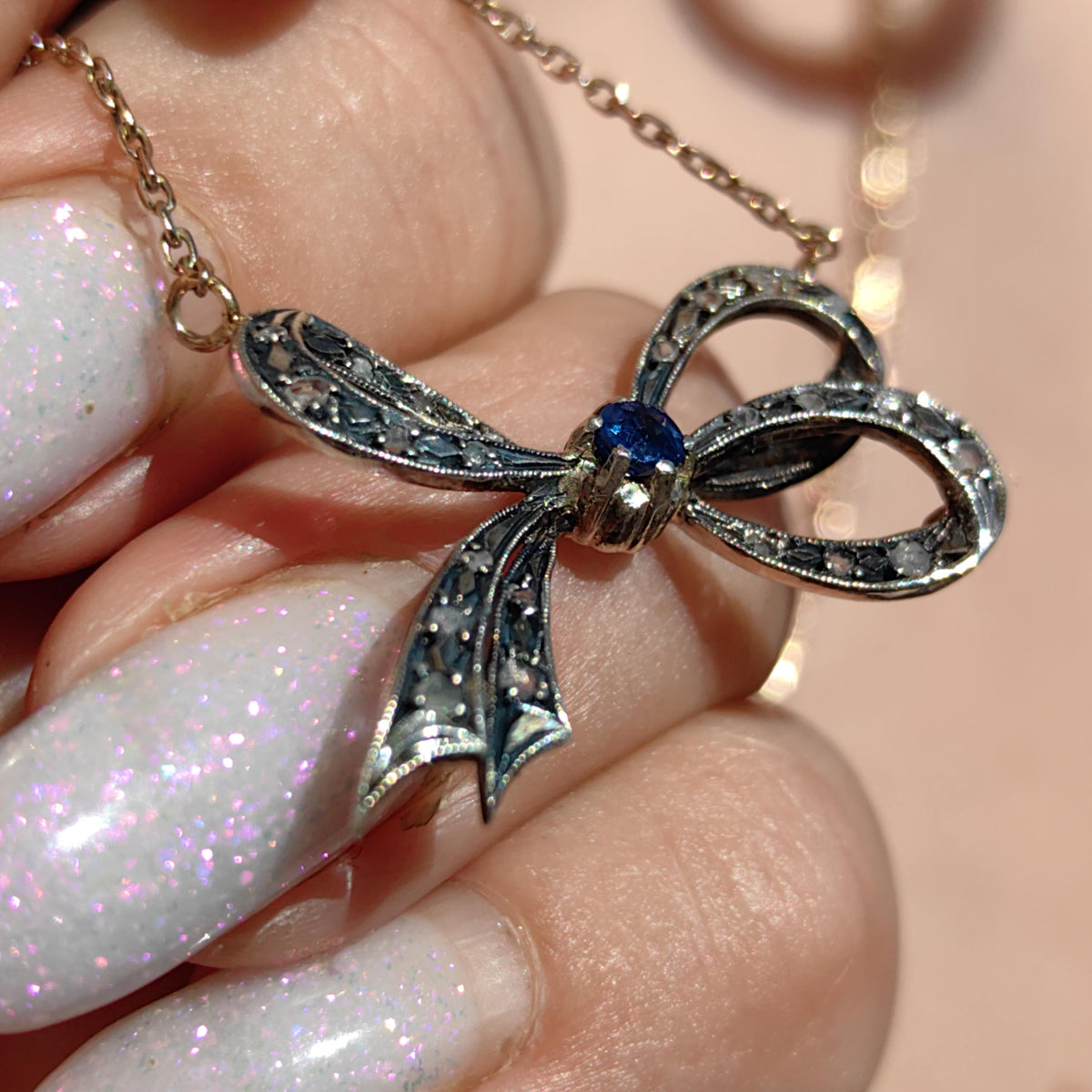 Victorian Sapphire Diamond Bow Pendant: 14k Yellow Gold Antique Necklace
