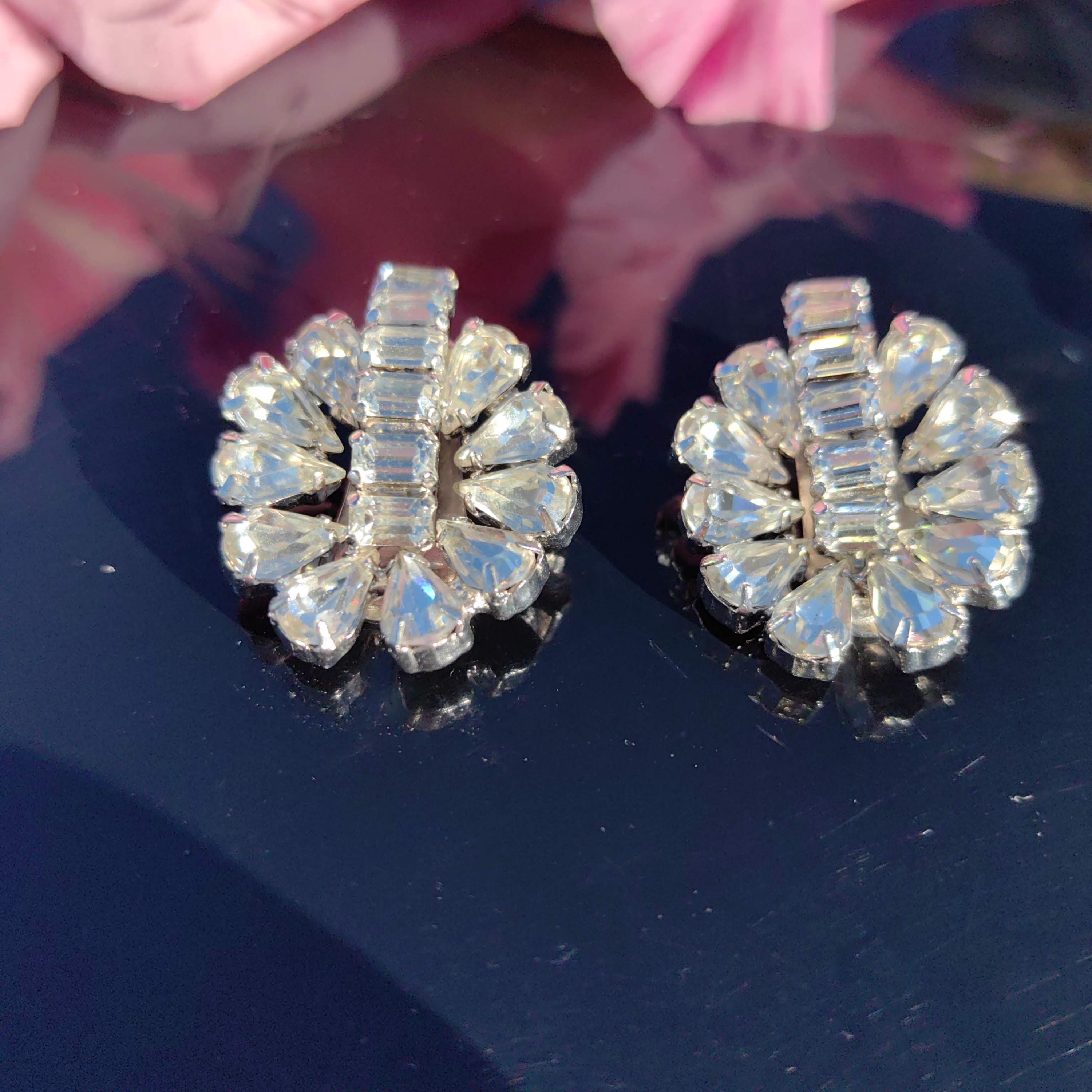 Art Deco Paste Stone Clip-on Earrings: Antique Silver Costume Jewelry