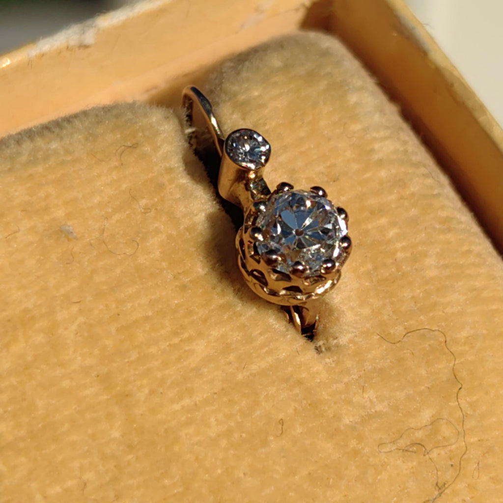 1880s Victorian 14K Champagne Gold Diamond Sleeper Earrings: Antique Dormeuse