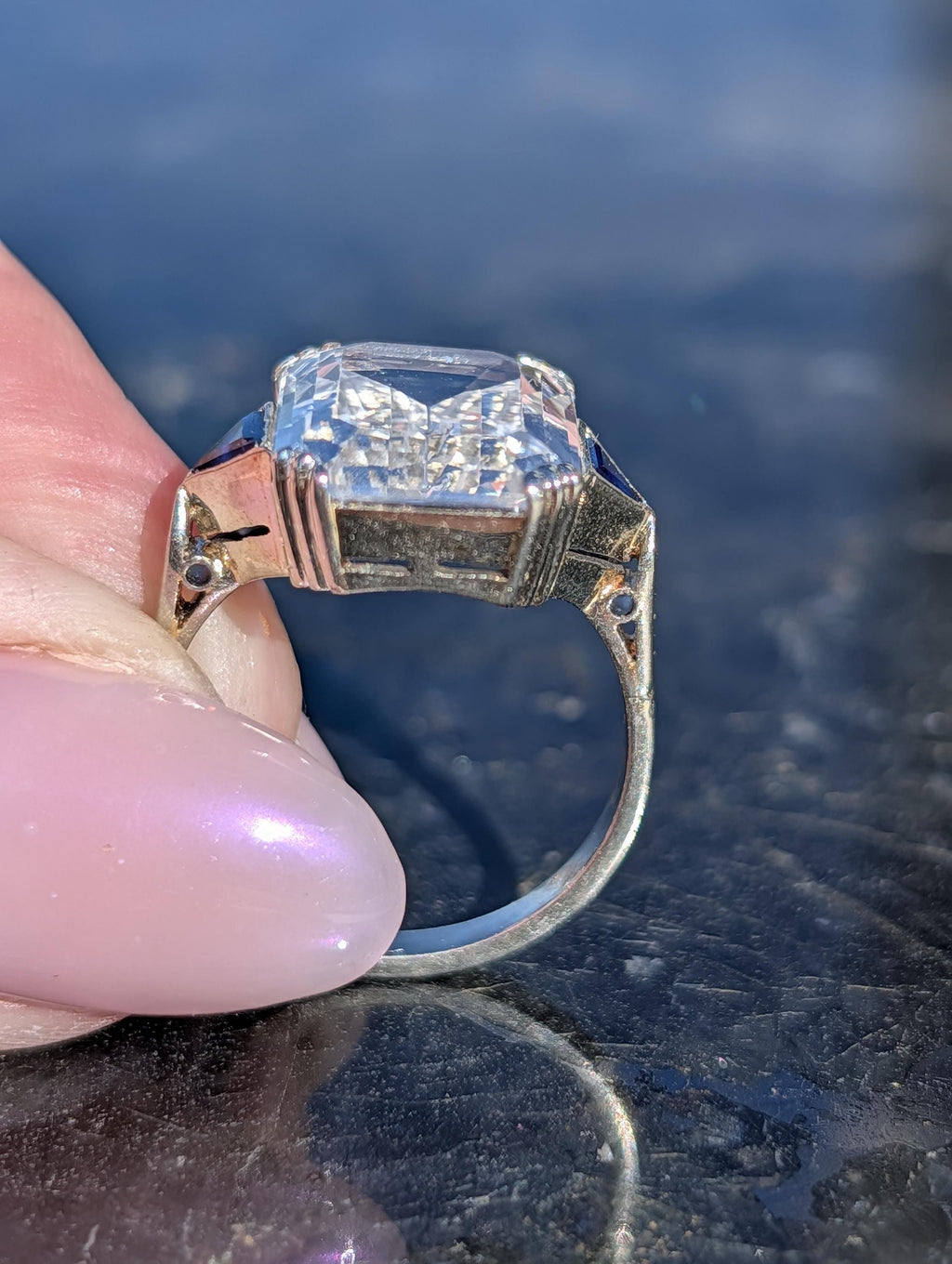 RESERVED!! French Art Deco Goshenite Sapphire Ring, 18k Gold Emerald Cut Beryl Cocktail Ring