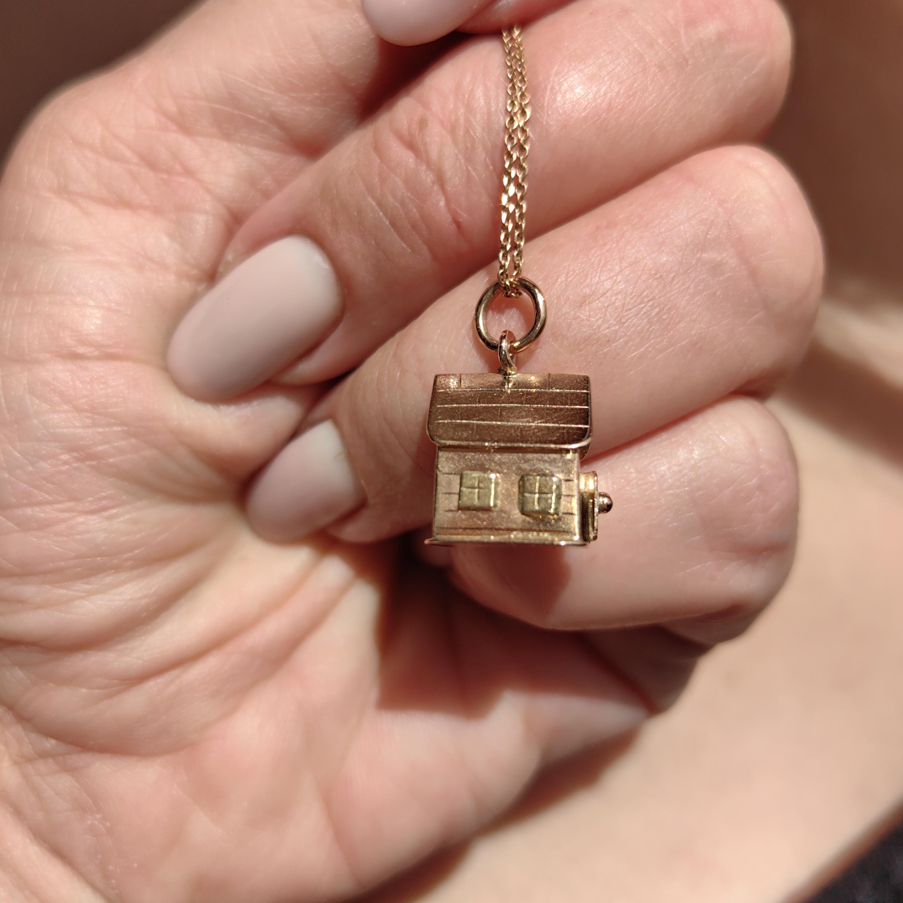 14k Solid Yellow Gold Miniature House Pendant Vintage Handmade Luck Home Charm Housewarming Gift Present