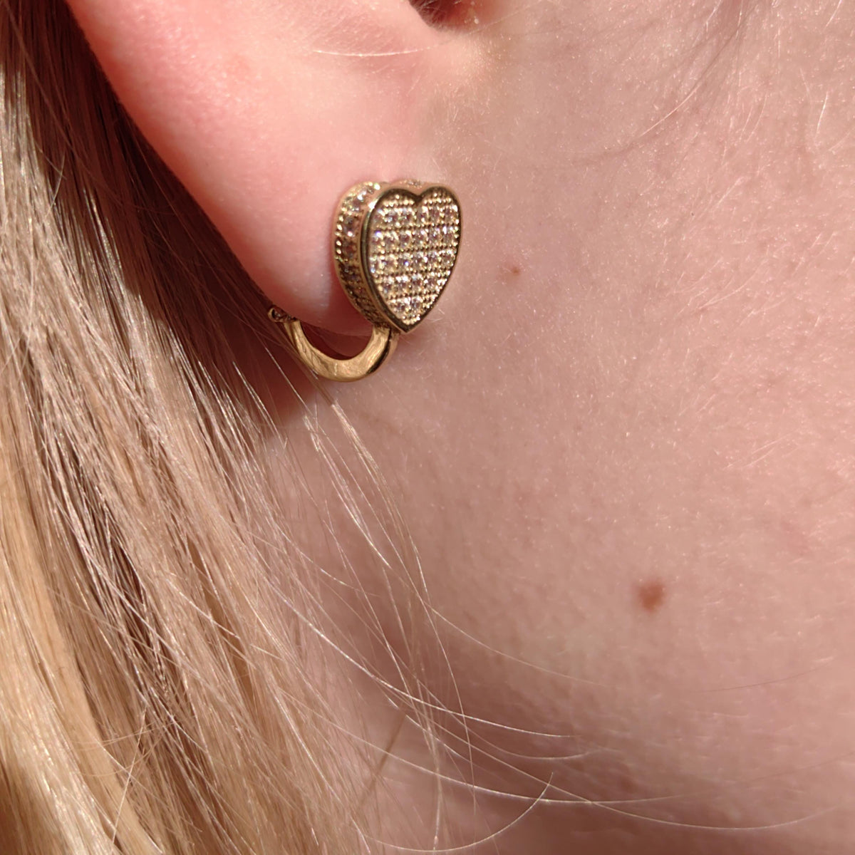 Heart 14k Solid Yellow Gold CZ Pavé Vintage Earrings Love Romantic Gift for her Elegant Dainty Earrings Leverback closure secure hinged back