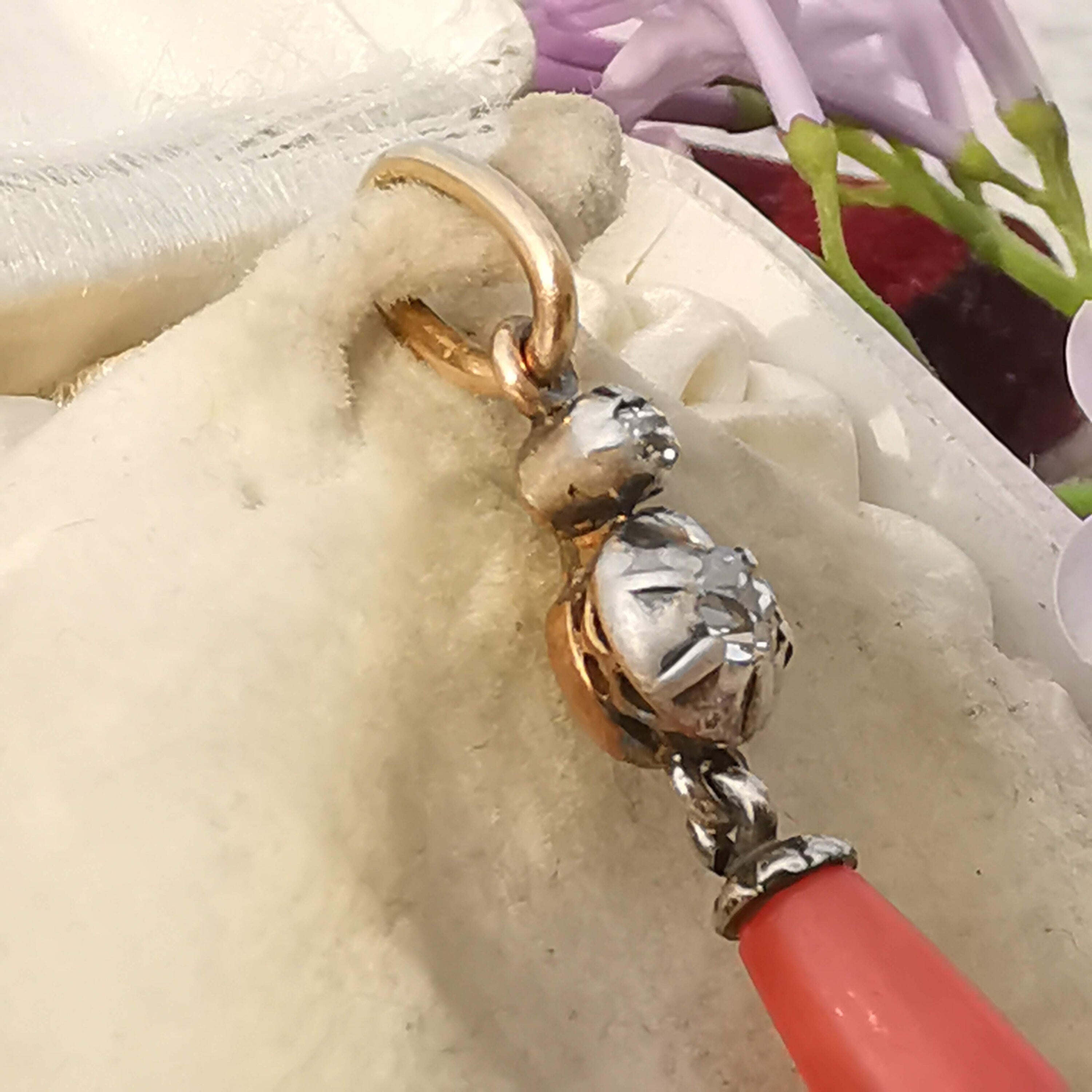 Victorian Red Mediterranean Natural Coral Diamond Pendant 14k Solid Yellow Rose Gold & Silver Antique 1880s Drop Dangle Pendant Charm