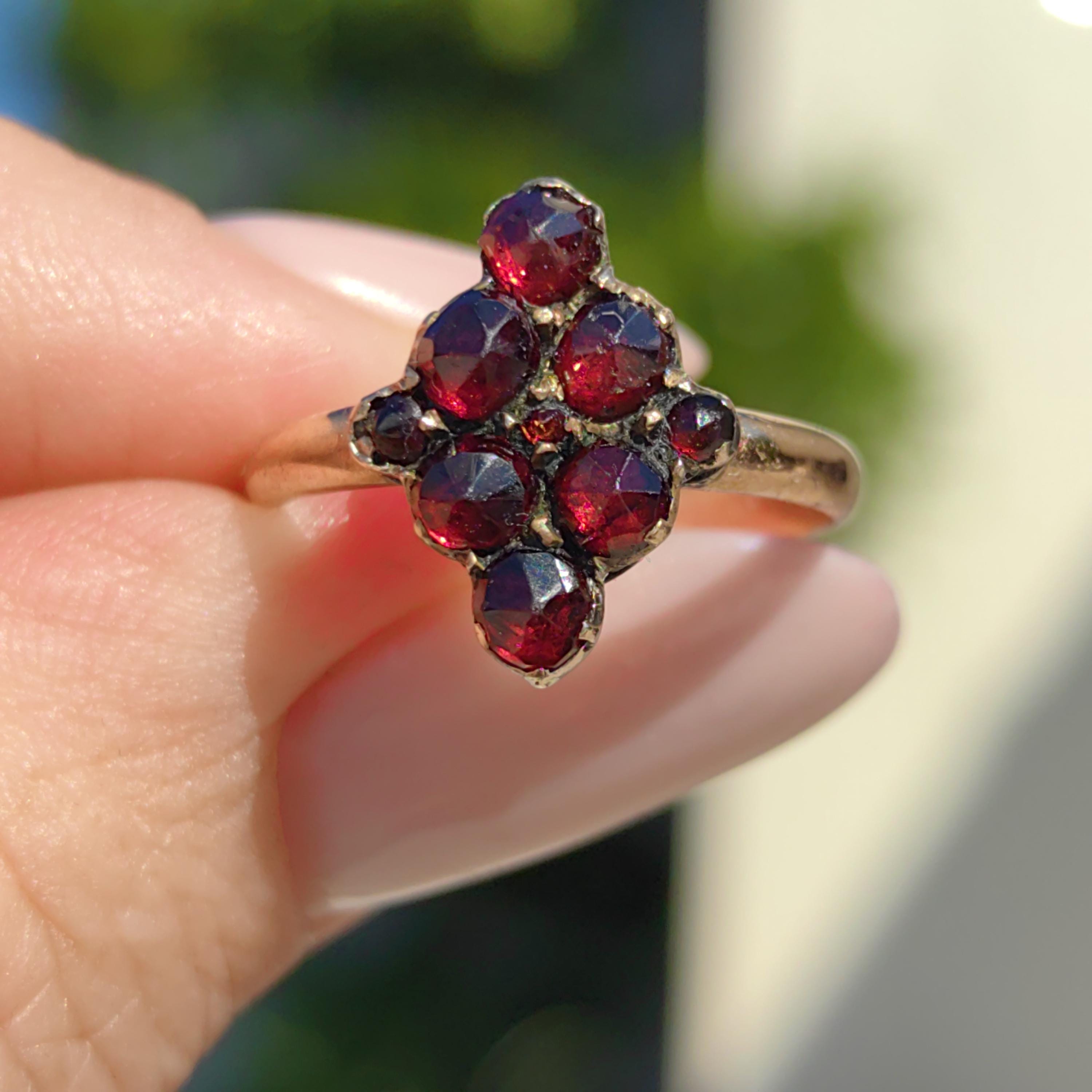 Antique 14k Yellow Gold Garnet Ring: Hand-Chiseled Floral Design