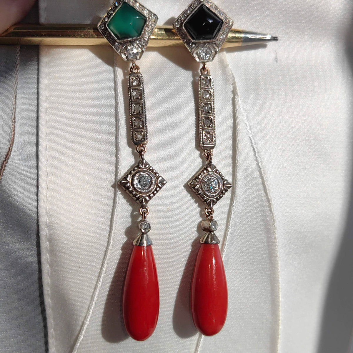 Art Deco Coral Onyx Diamond 14k Gold Dangle Earrings, 1920s Vintage