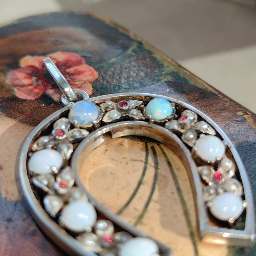Antique Art Nouveau Silver Horseshoe Pendant: Moonstone, Pearl & Ruby