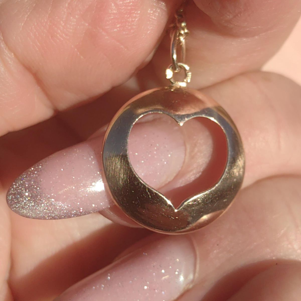 Solid 14k Yellow Gold  Hallmarked Heart Shaped Hole Romantic Love Gift Medal Pendant, curved heart gold frame love present for her Vintage