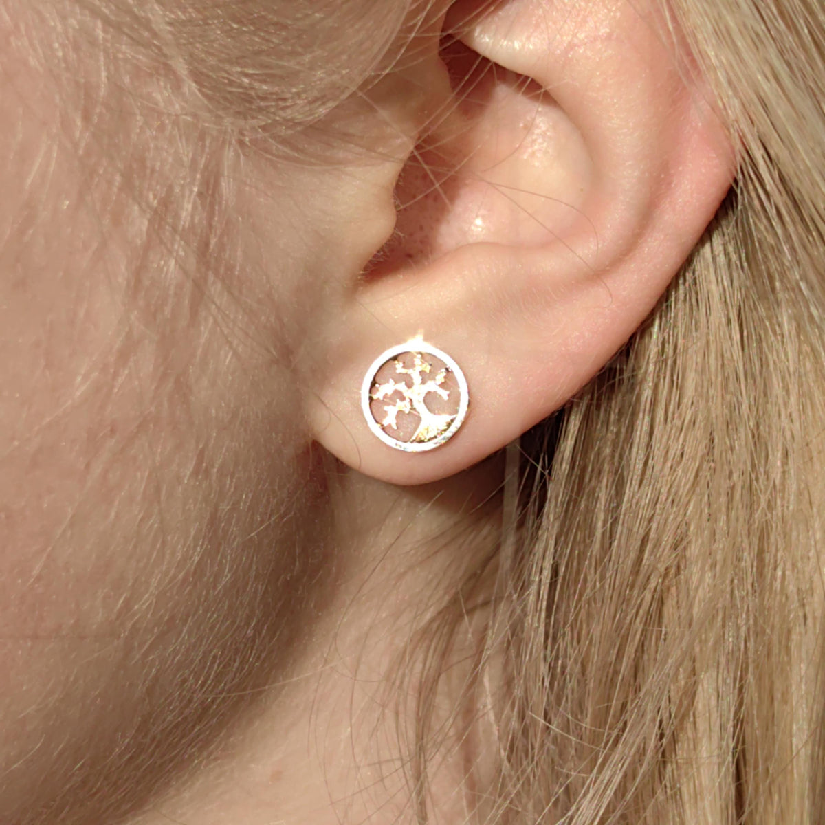 14k 585 Hallmarked Solid Yellow and White Gold Tree of Life Stud Earrings Nature Forest Minimalist Symbolic Push Back Elegant Gift for Her