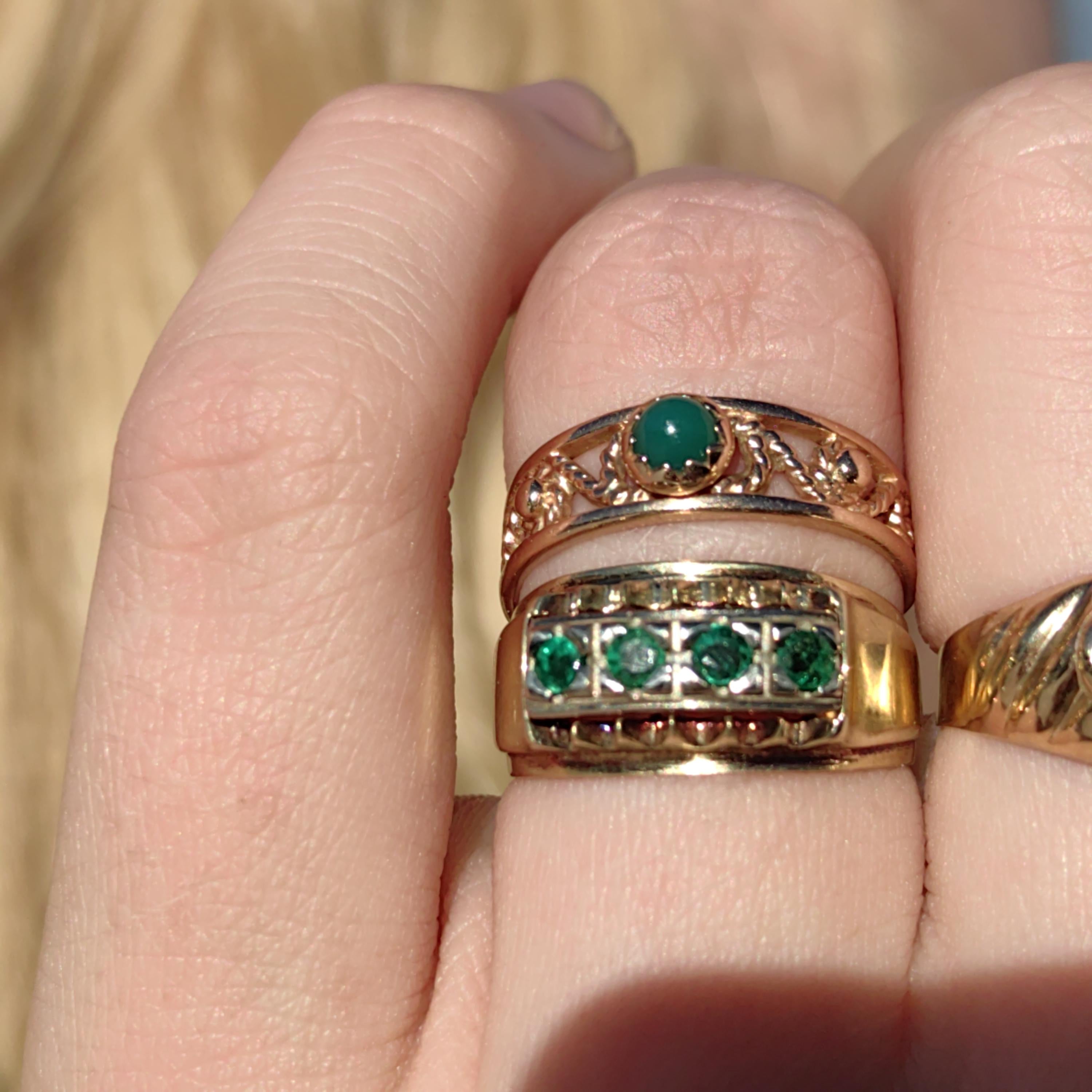 Original Mid century Antique Vintage Genuine Emerald Solid Yellow Gold and Silver Setting Elegant Stackable Band Ring