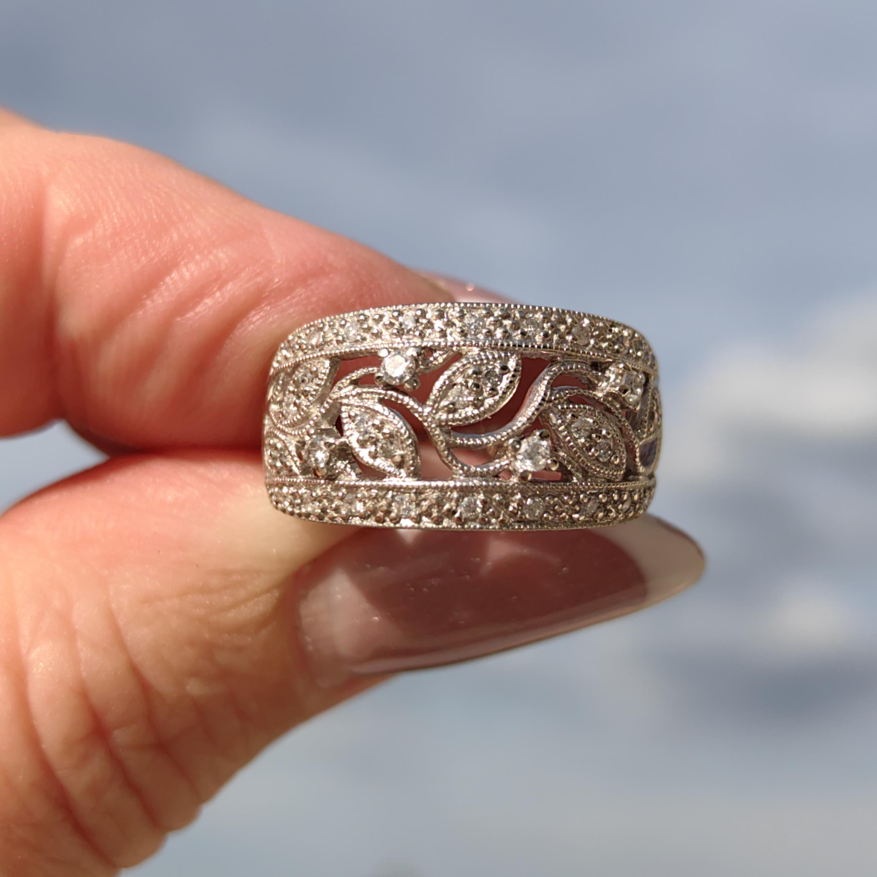 Diamond Floral Wedding Band: 14k White Gold Leaf Filigree Ring