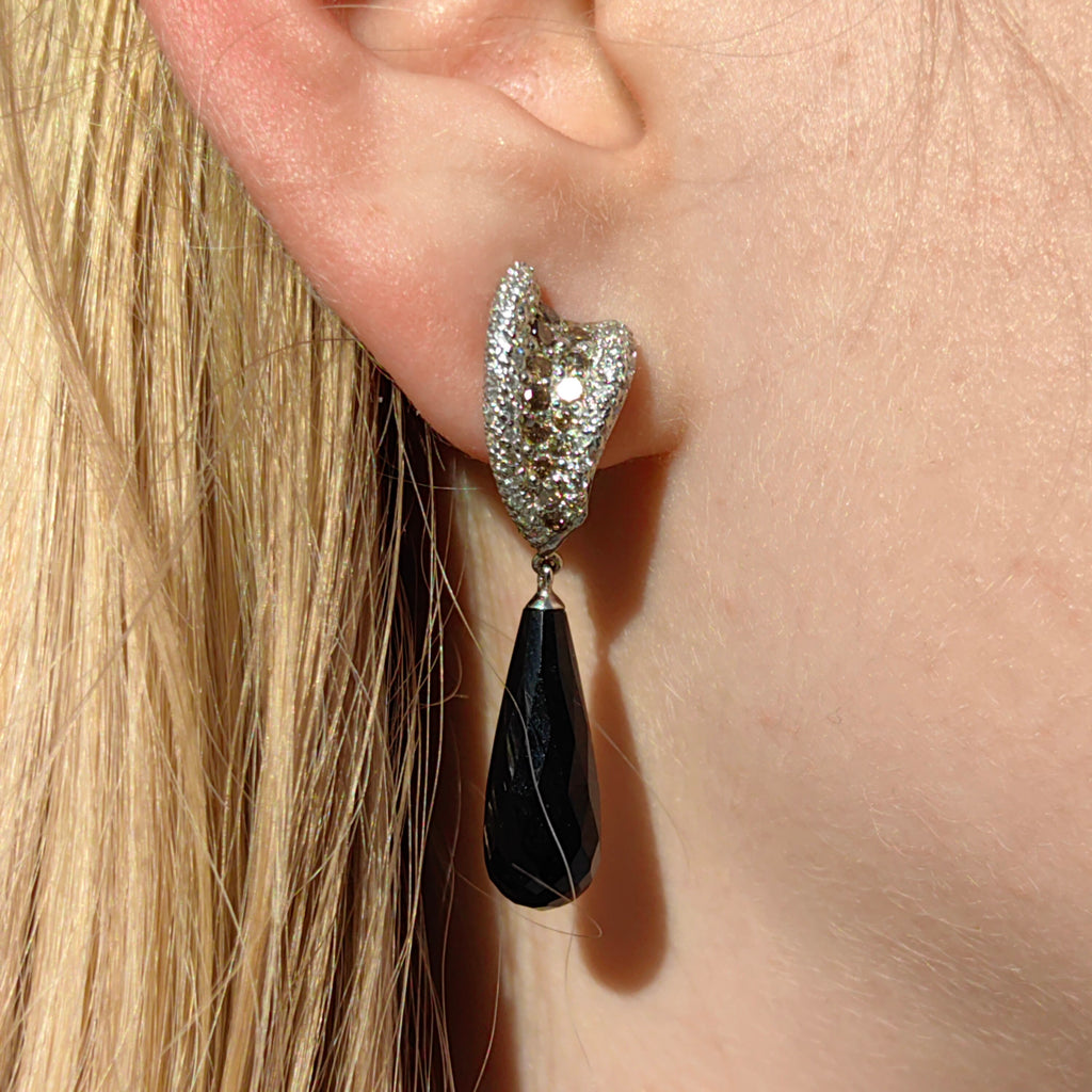 Vintage White and Champagne Diamond Onyx 18k Solid White Gold Statement Dangle Earrings
