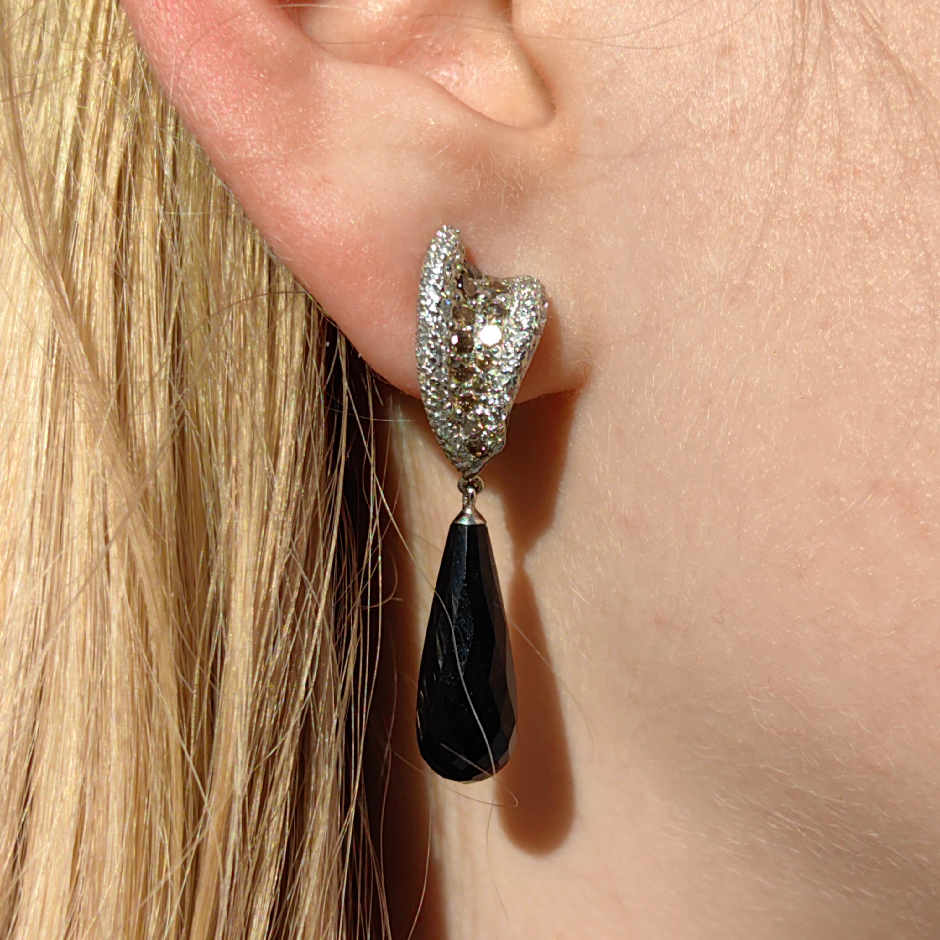 Vintage White and Champagne Diamond Onyx 18k Solid White Gold Statement Dangle Earrings