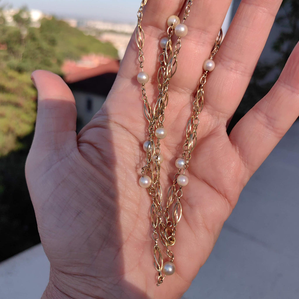 Vintage 14k Gold Pearl Beaded Chain Necklace - 73cm Art Deco Gift