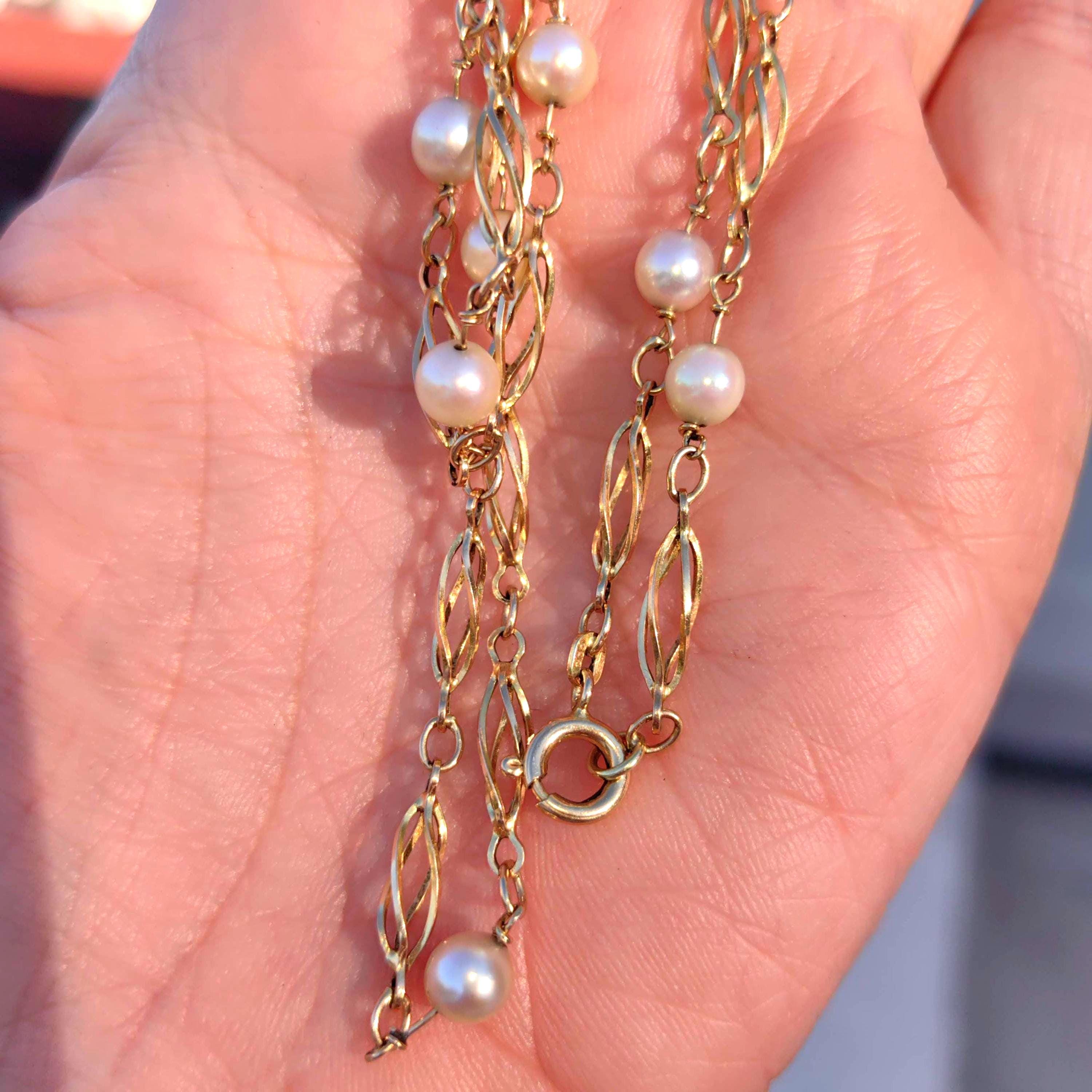 Vintage 14k Gold Pearl Beaded Chain Necklace - 73cm Art Deco Gift