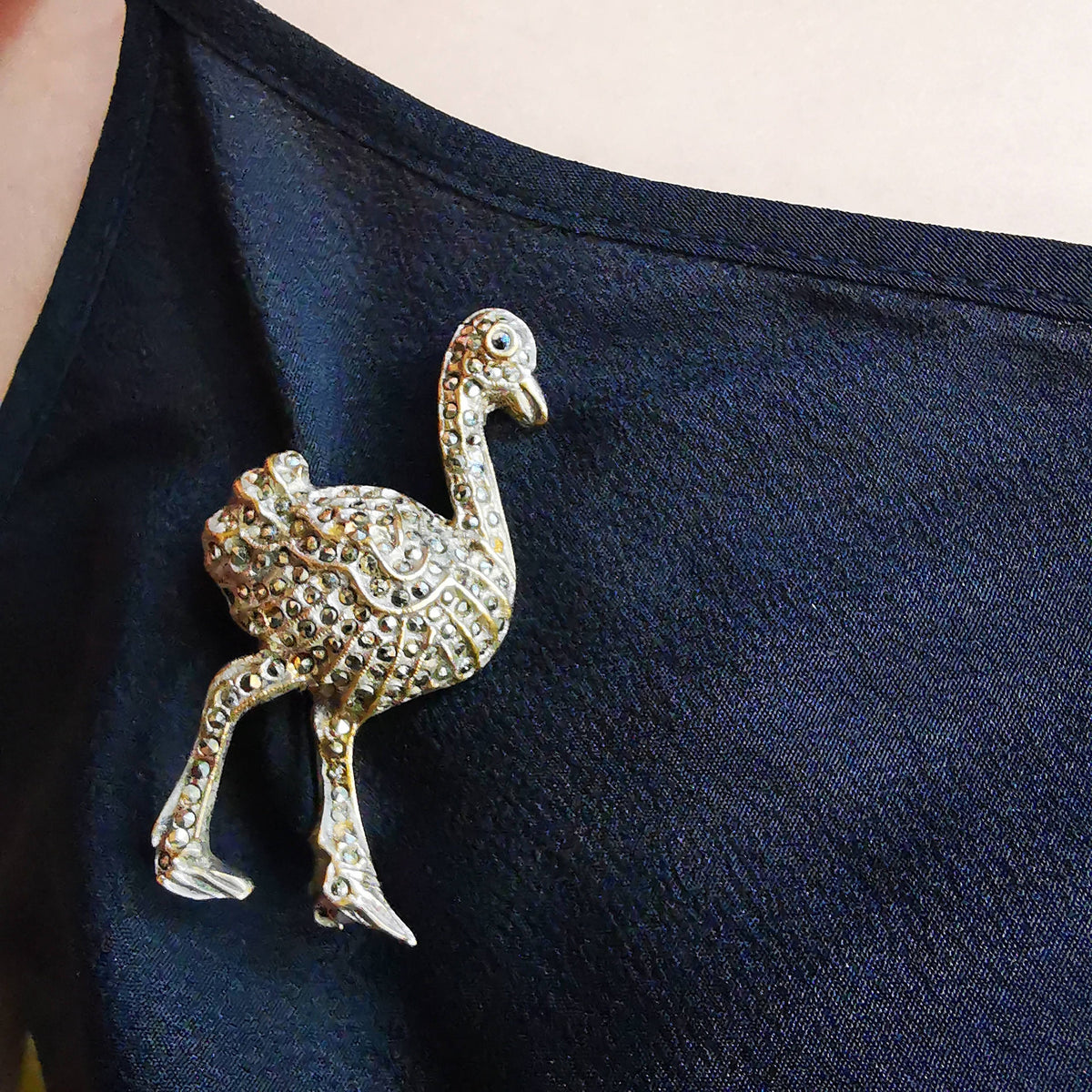 Antique 1920s Art Deco Ostrich Brooch, Natural Marcasite Gold-Plated Bird Pin, US Duty Free HTS 9706