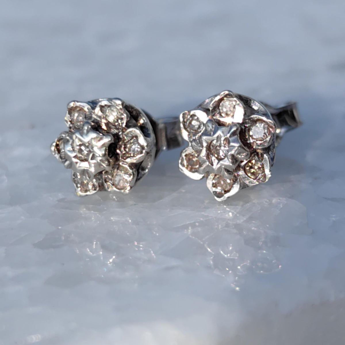 Art Deco 14k Gold Diamond Floral Stud Earrings: 1940s Vintage Engagement