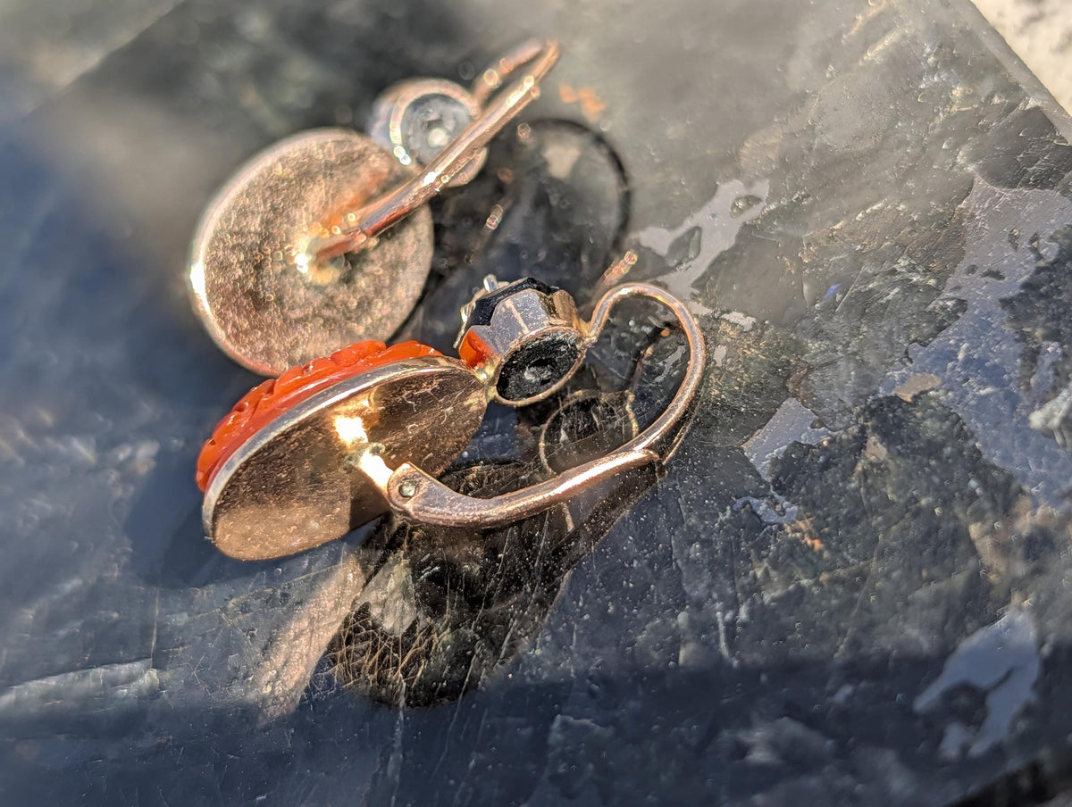 1940s Unique Art Deco Coral Dangle Earrings Hand Carved Floral Diamond Onyx 14k Gold Vintage Estate Statement Drop Earrings Rare