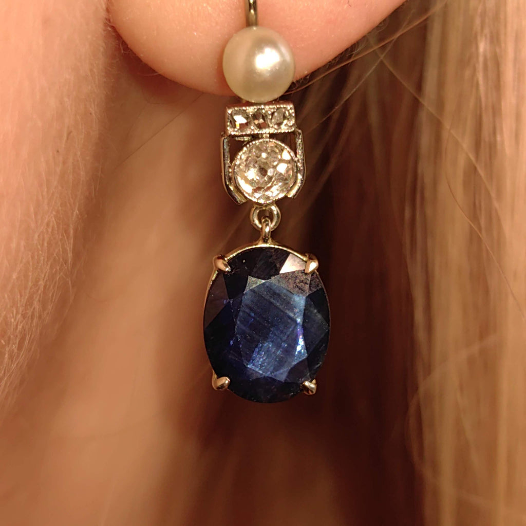 Art Deco Natural Sapphire Diamond Pearl Solid 18k White Gold Dangle Drop 1920s Antique Vintage Elegant Edwardian Earrings Gift for Her