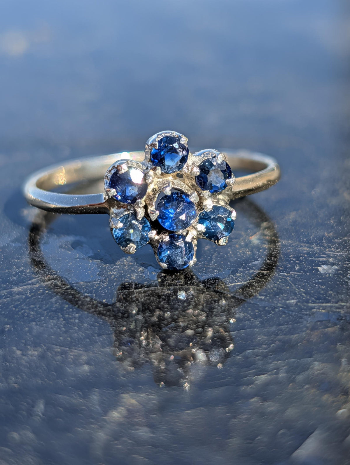Vintage 1950s Blue Sapphire Flower Ring 14k White Gold Mid Century Floral Cluster Engagement Ring Size 7.5 Gift for Her