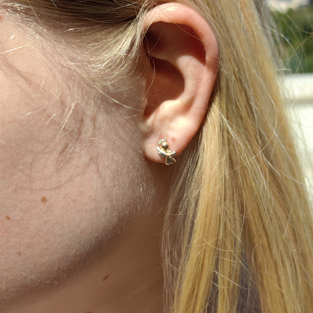 14K Yellow Gold Angel Earrings: Diamond Studs, Religious Jewelry