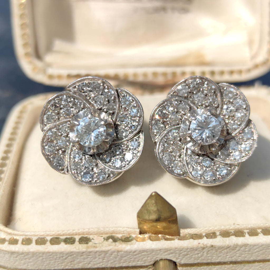 18k Solid White Gold Diamond Art Deco 1920s Elegant Large Statement Earrings with Floral Design Gift for her Present