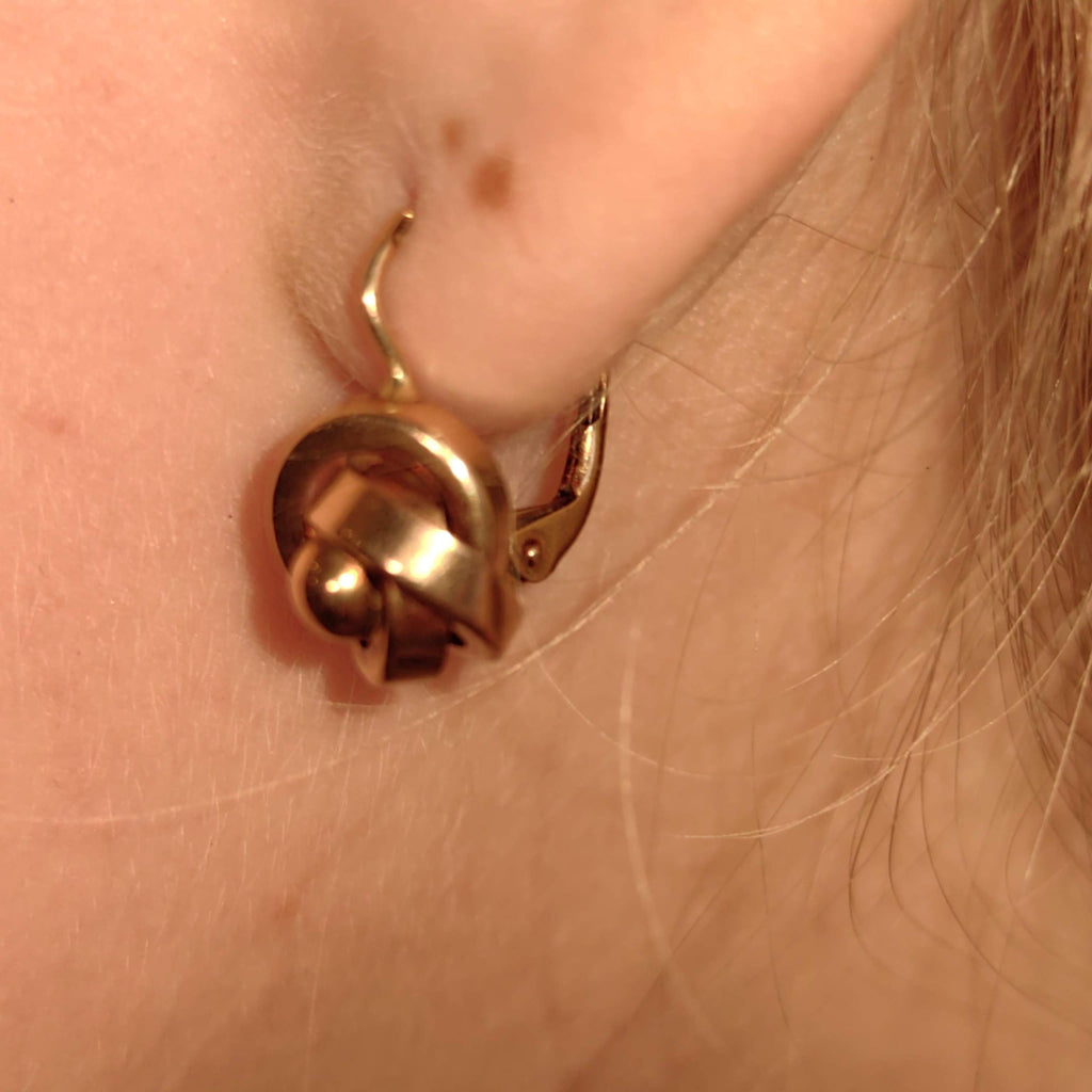 Vintage 14K Solid Yellow Rose Gold Love Knot Sleepers Dormouse Lever Back Closure Earrings Gift for Her Present