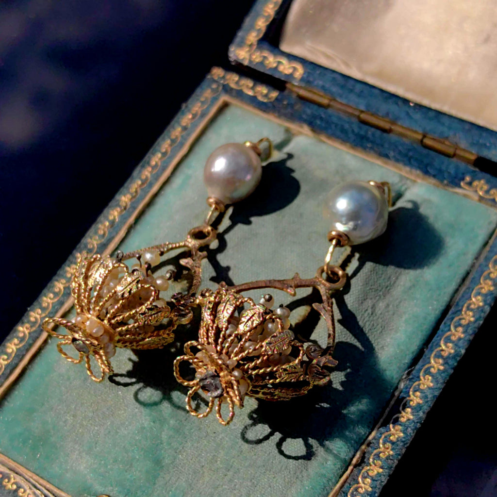 Antique 14k Gold Pearl Chandelier Earrings: 1800s Baroque Floral Dangle