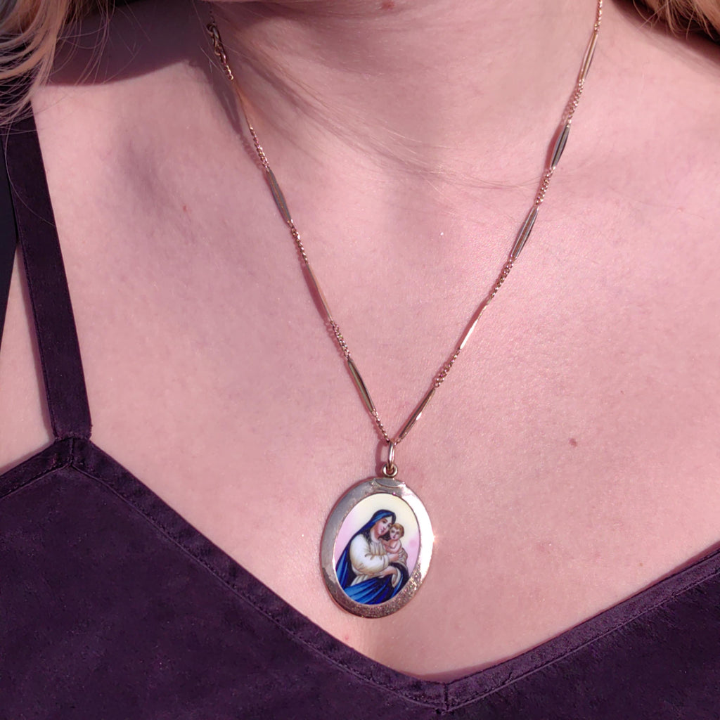 Antique 14k Gold Virgin Mary Pendant: Hand-Painted Enamel Art Nouveau