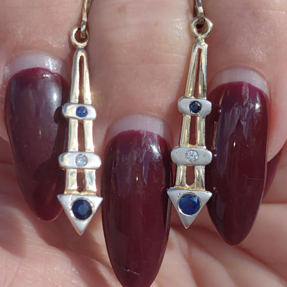 Antique Vintage Sapphire and Diamond 14k Solid Yellow Gold Mid Century Elegant Long Dangle Drop Lever Back Closure Earrings