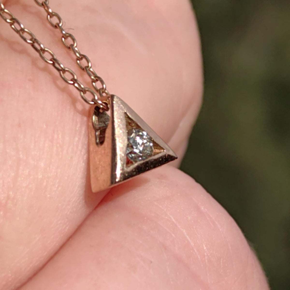 Solitaire Diamond Solid 14k Yellow Gold Vintage Geometric Triangle Pyramid Elegant Necklace Gift for Her