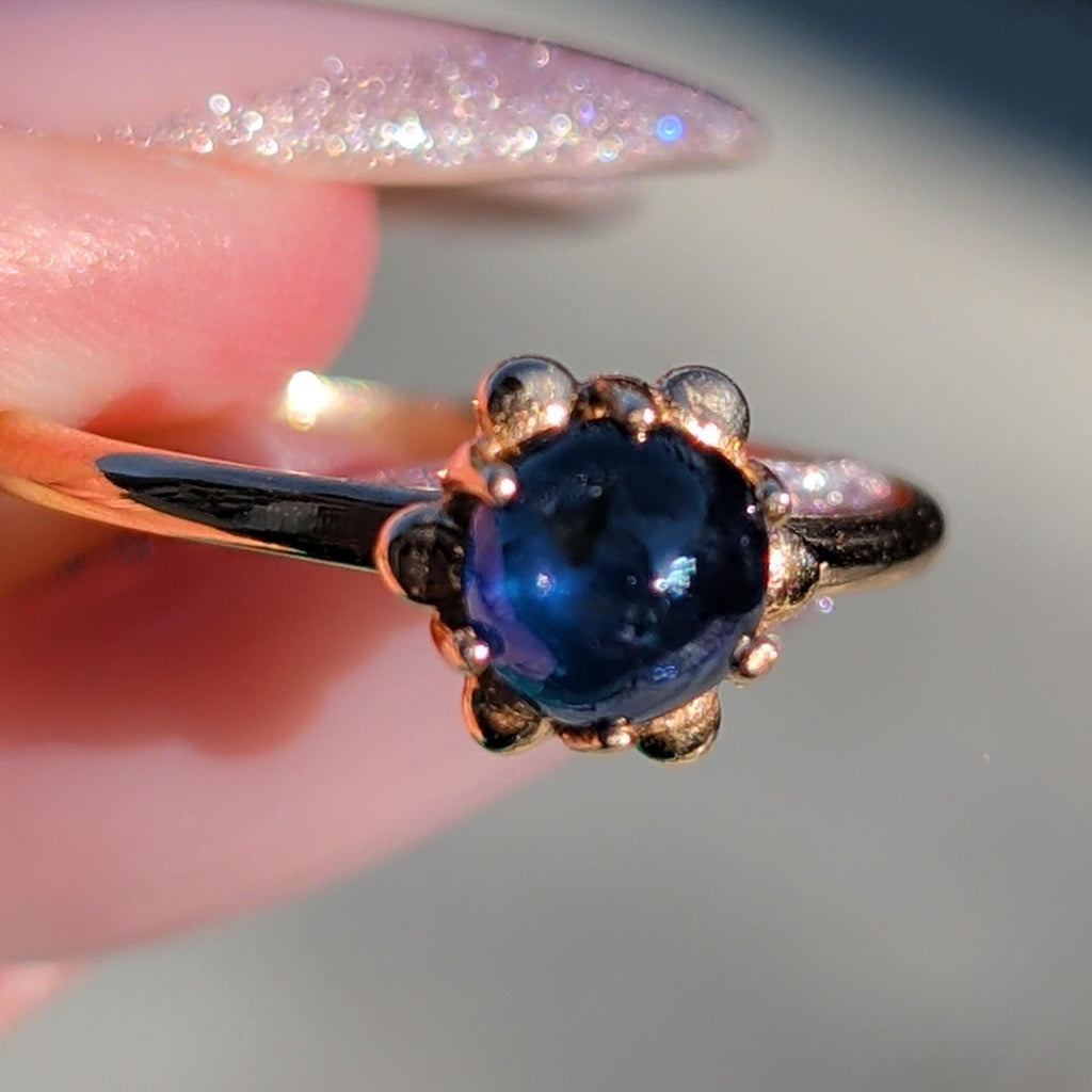 Vintage Blue Natural Cabochon Sapphire Solid Yellow Gold Dainty Ring Sapphire Engagement Ring Gift for Her Present