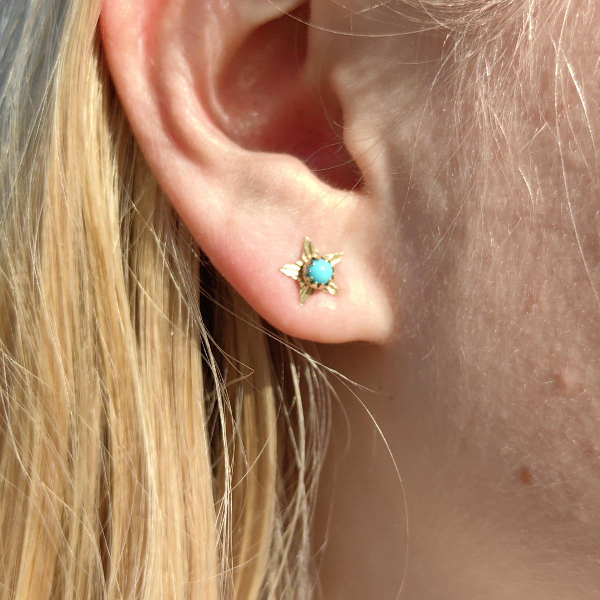 Vintage 14k Gold Turquoise Star Earrings: Mid Century Dainty Dormeuses