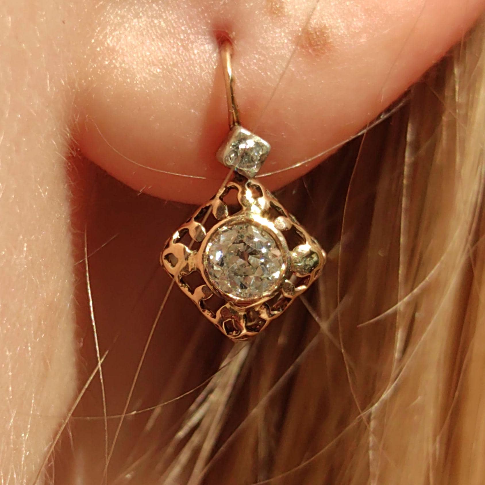 Art Nouveau Diamond 14K Gold Sleeper Earrings: Antique "Buds" Dormeuse
