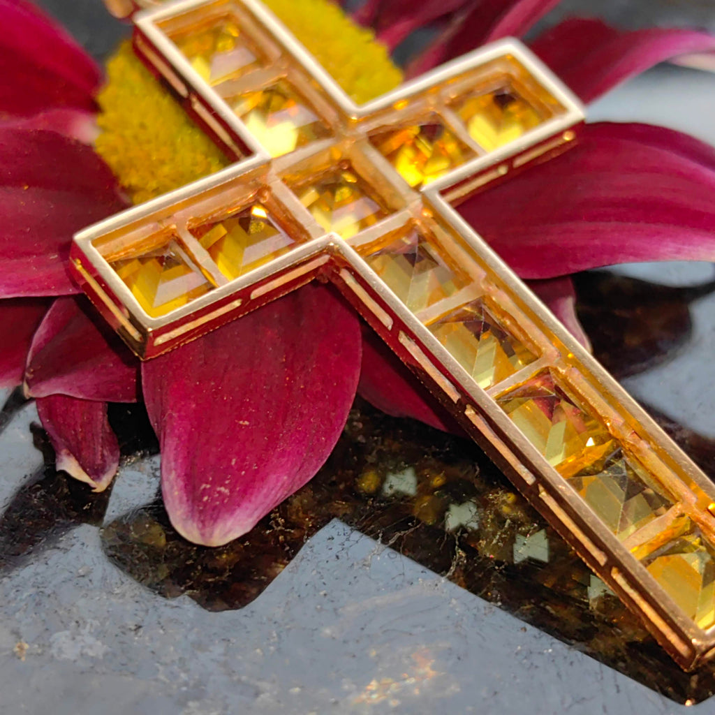 Art Deco Vintage Citrine Solid Yellow Gold Christian Catholic Cross Statement Pendant