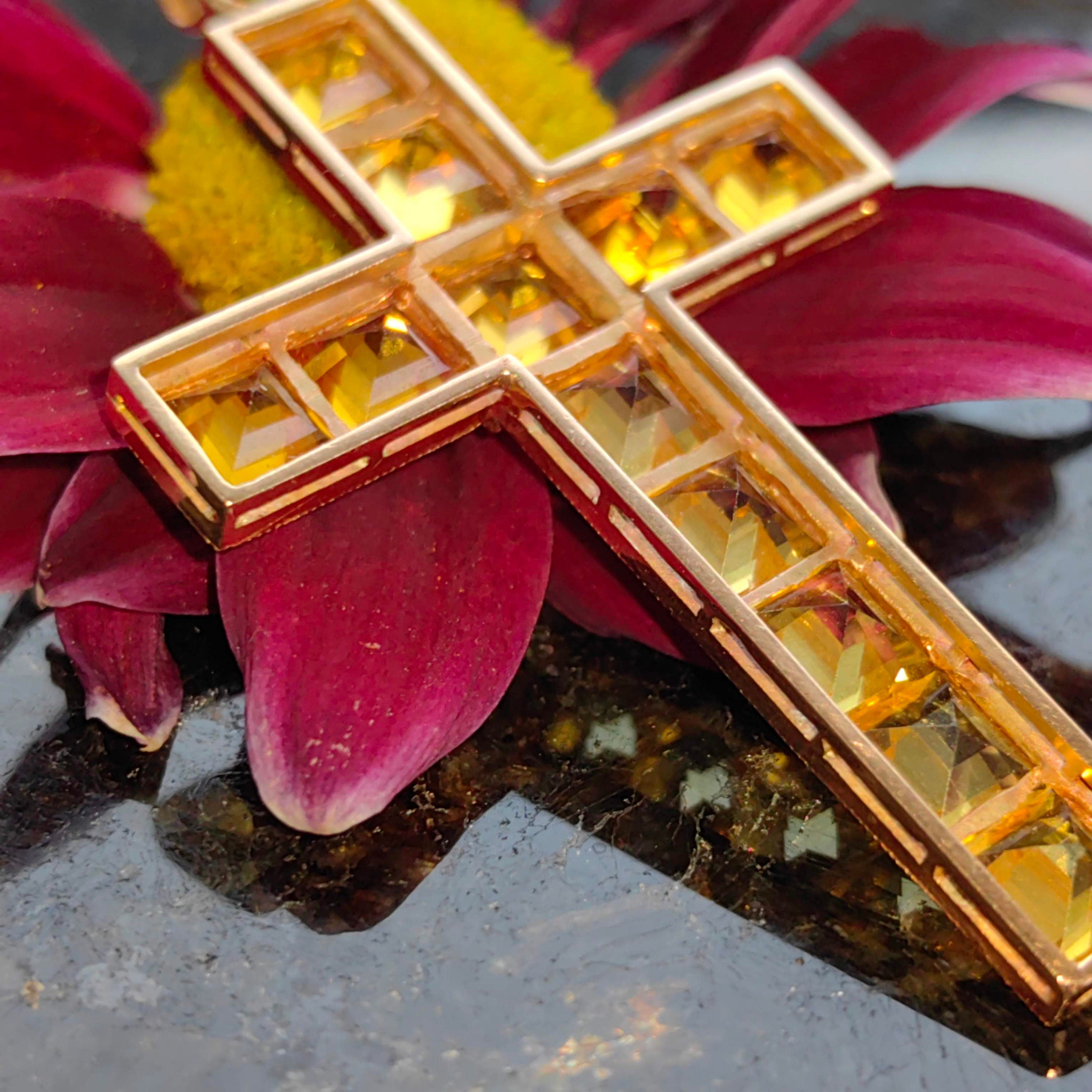 Art Deco Vintage Citrine Solid Yellow Gold Christian Catholic Cross Statement Pendant