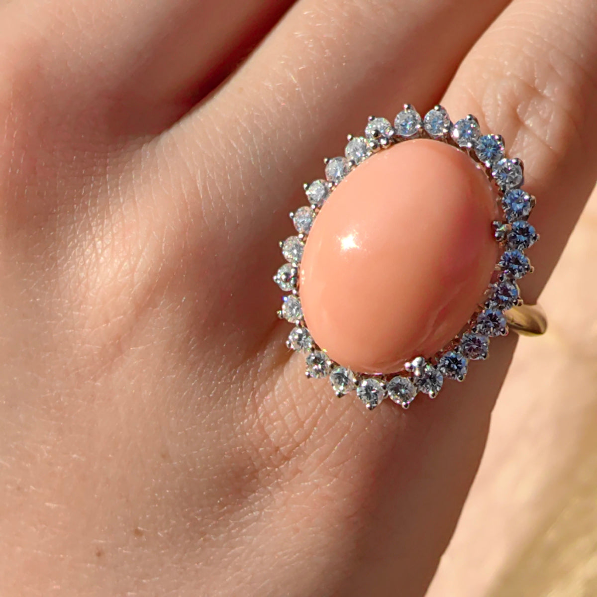 1960s Mid-Century Angel Skin Coral Diamond Ring, 21mm Coral, 1.30ct Diamonds, 18k White Gold, US 5
