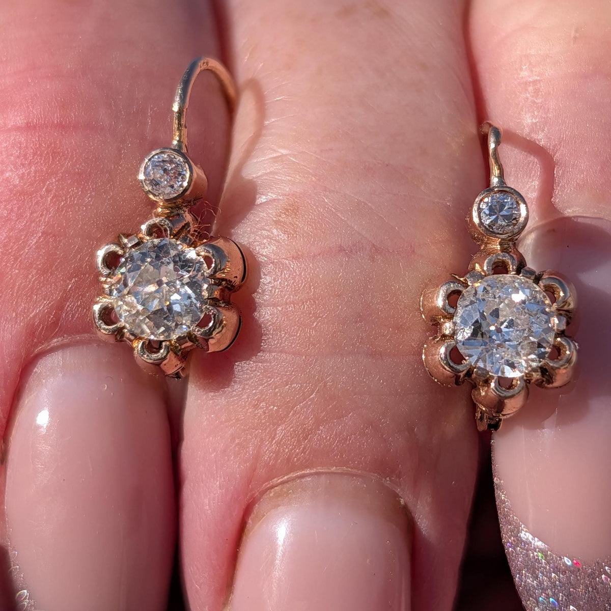 Antique Diamond Sleeper Earrings 14K Gold Hallmarked 1940s Floral Old Cut Diamond Earrings Vintage Bridal Gift for Her