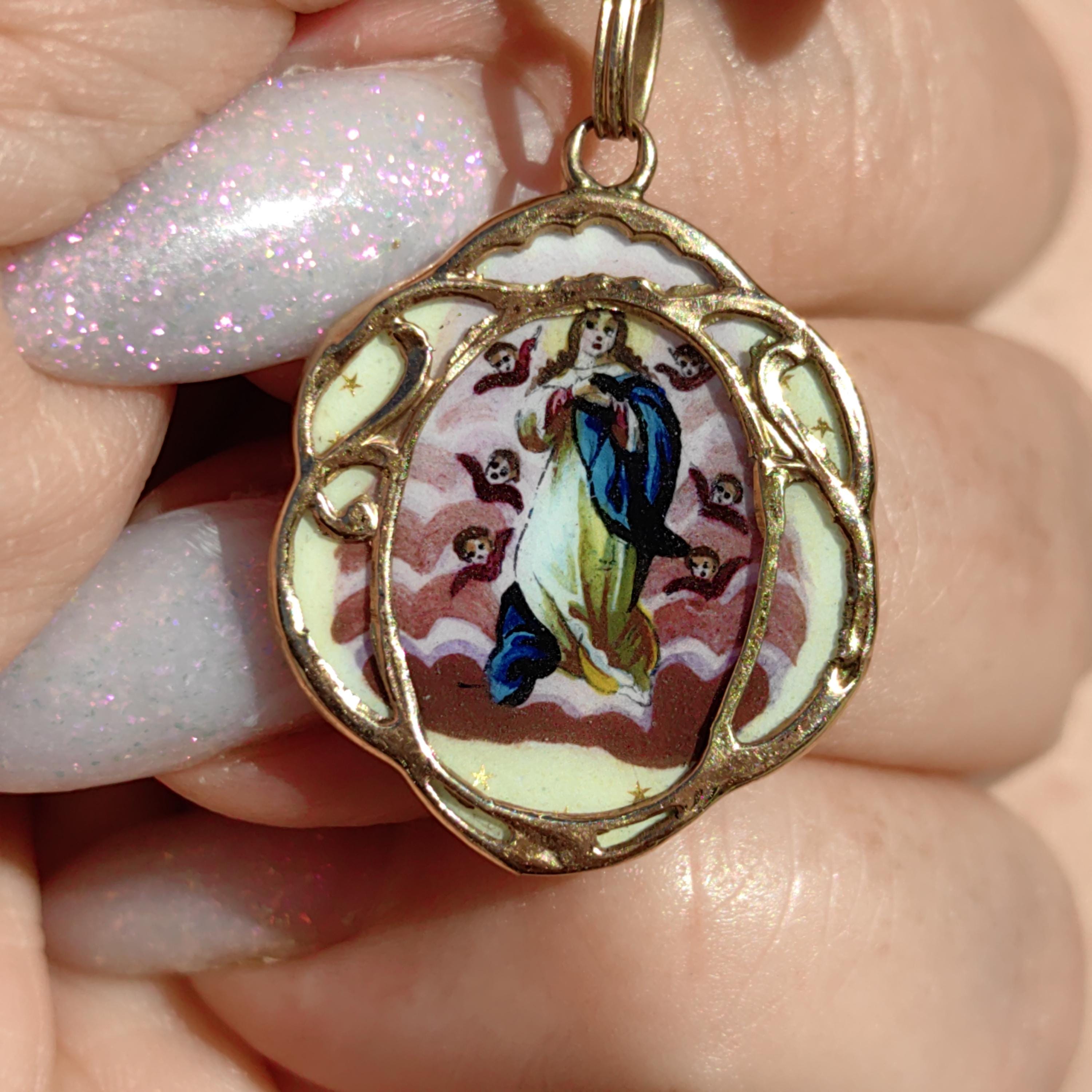 1900s Antique Vintage Virgin Mary Madonna Pendant 14K Solid Yellow Gold Medal Hand Painted Fire Enamel  Catholic Hungarian Christian Pendant