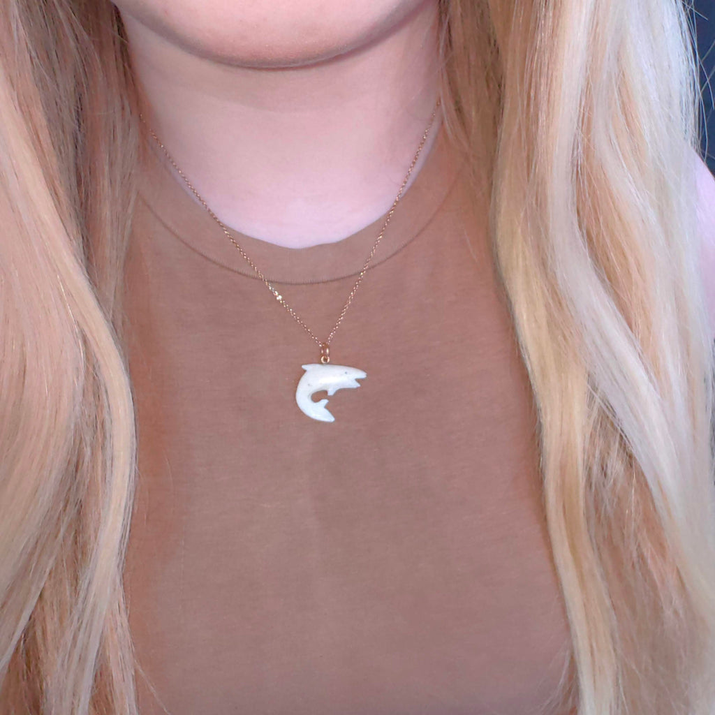 Vintage 1960s Bone and Solid 18k Yellow Gold Shark Whale Sea Ocean Surf Nautical Fish Retro Antique Pendant Gift Present