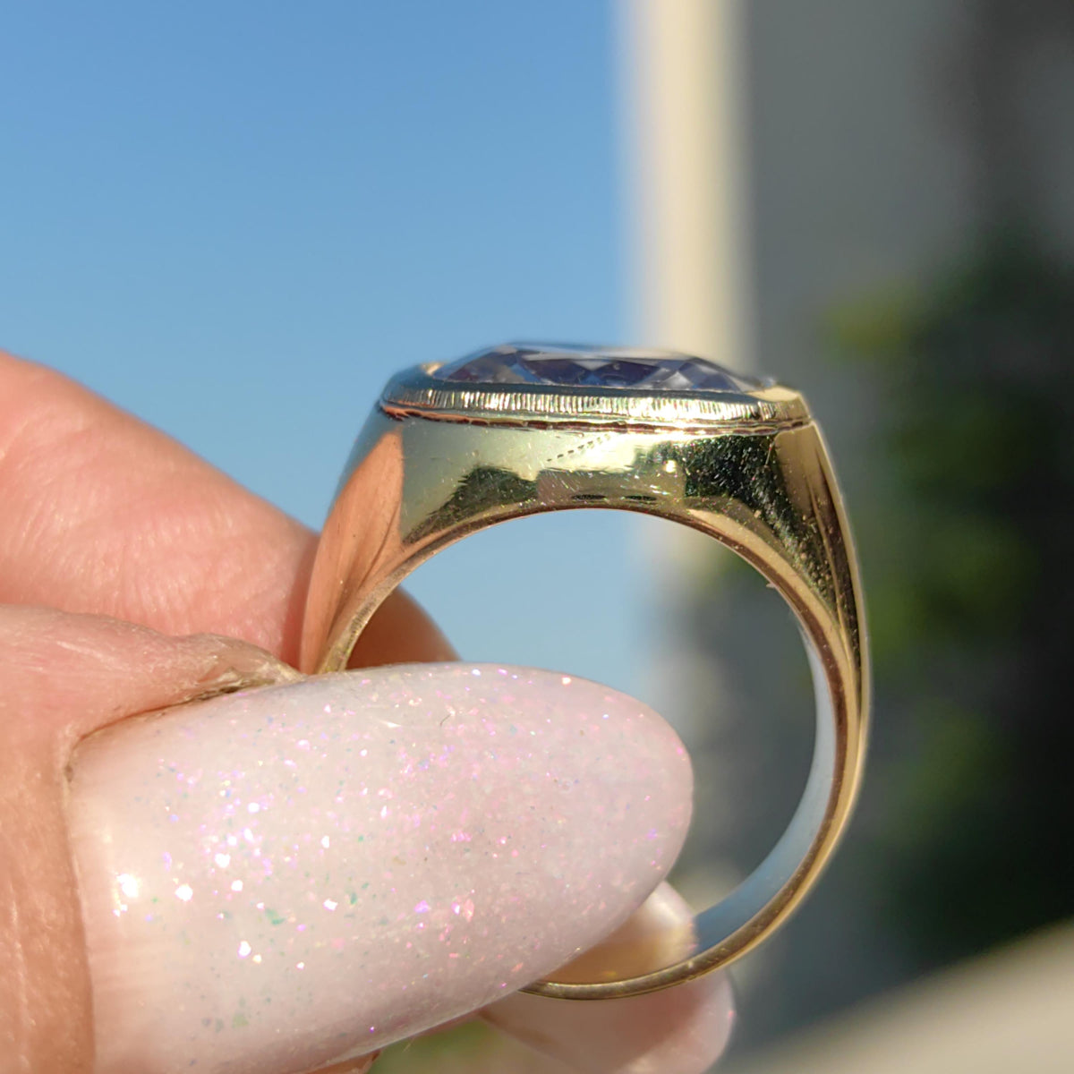 1940s Aquamarine 14k Yellow Gold Ring: Geometric Unisex Statement