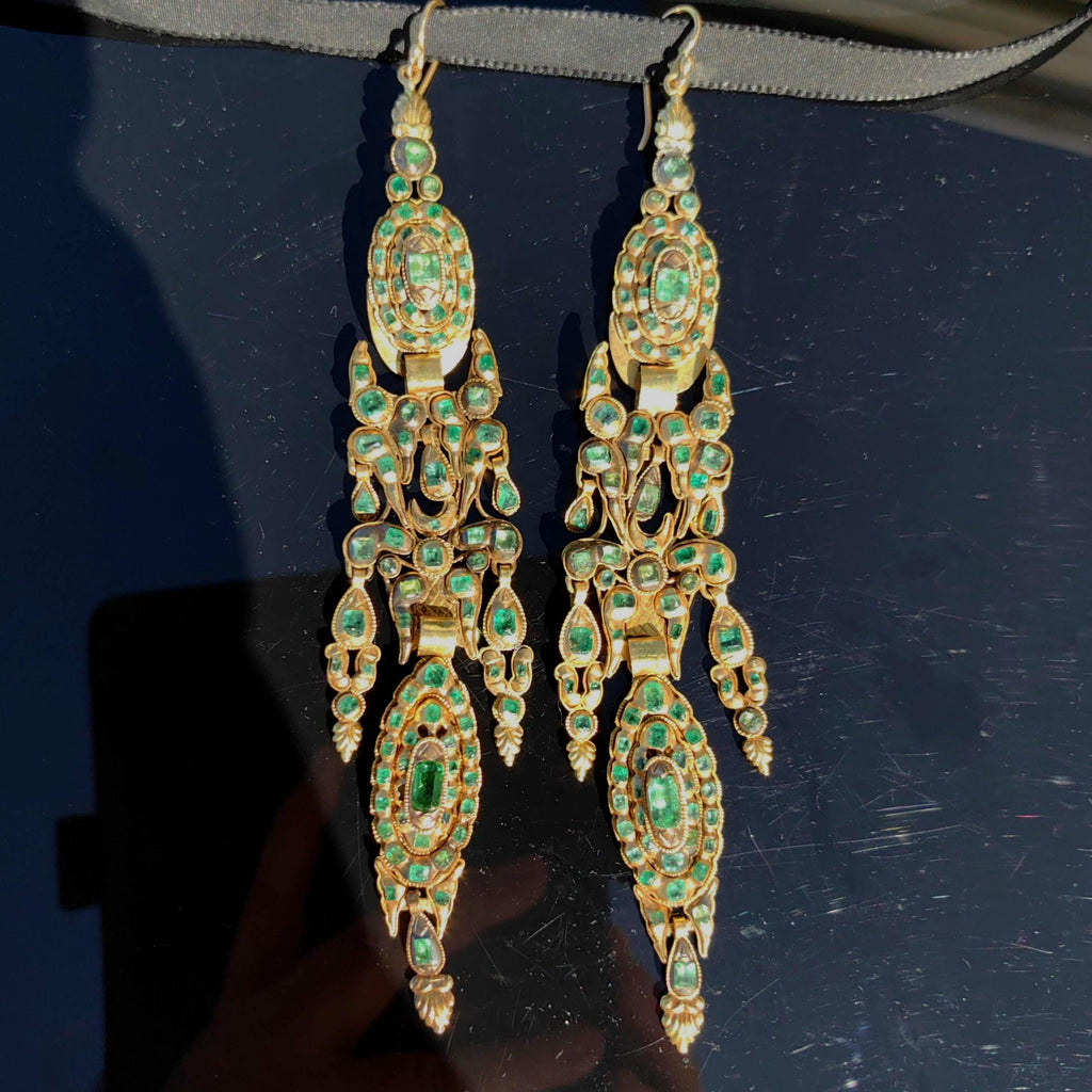 Antique Rococo Emerald Earrings: 18k Gold Baroque Dangle Earrings