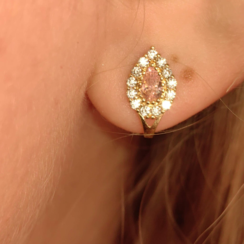Vintage Solid Yellow Gold cubic zirconia Pink Stone Drop Floral cluster omega closure Earrings Gift for Her