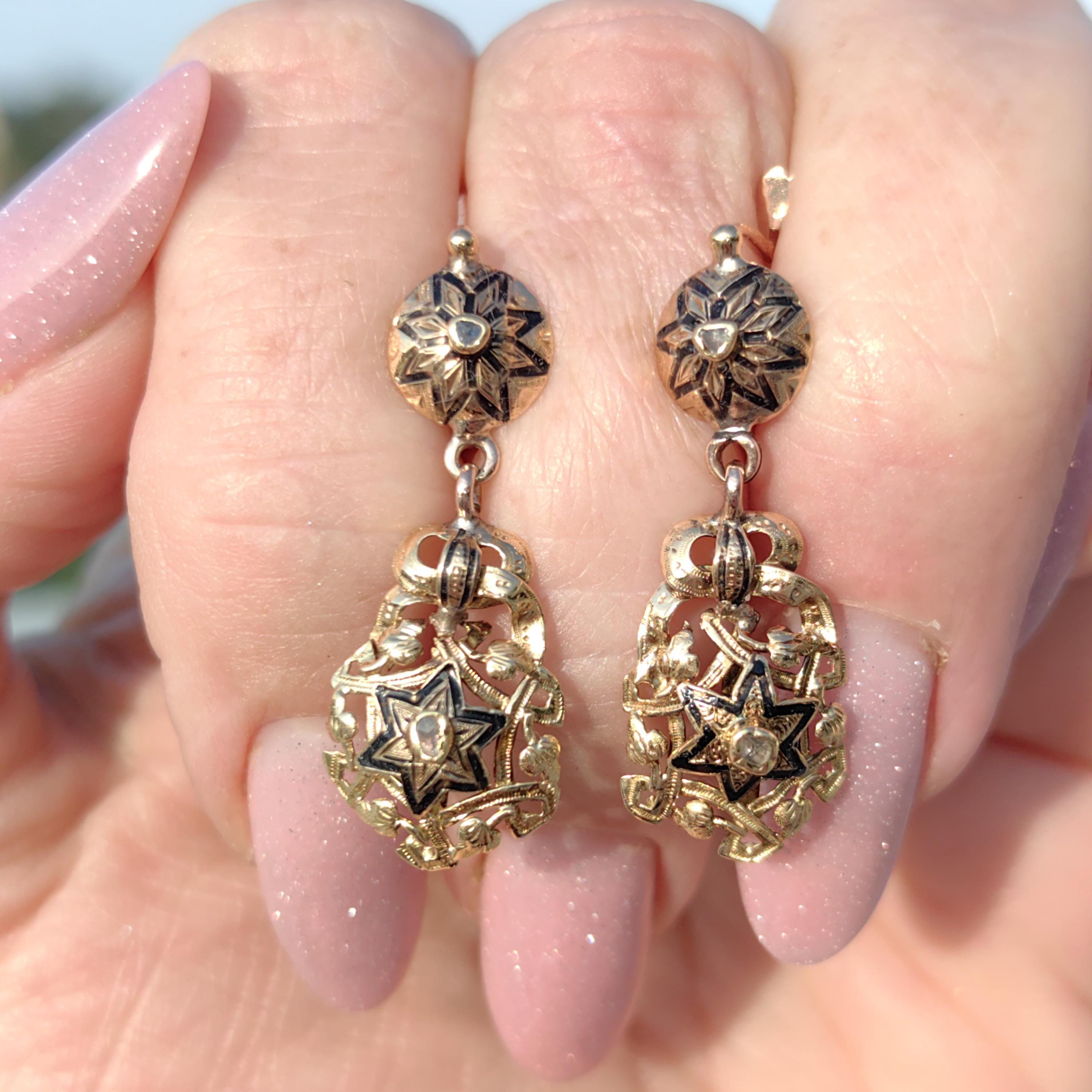 Victorian 18k Gold Diamond David Star Dangle Earrings: Black Enamel Judaica