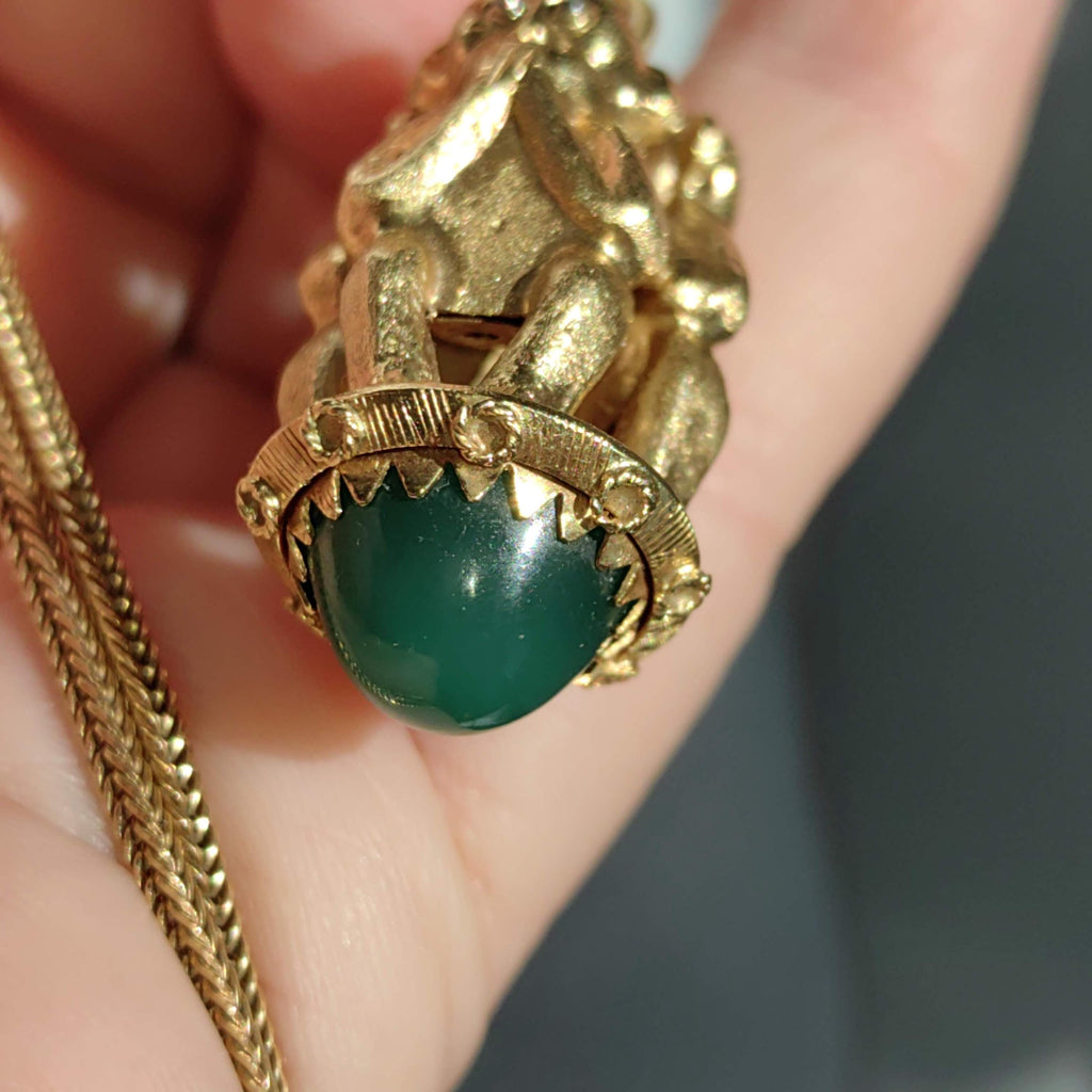 Vintage 18k Gold Three Monkey Pendant: Chrysophrase Stone Charm