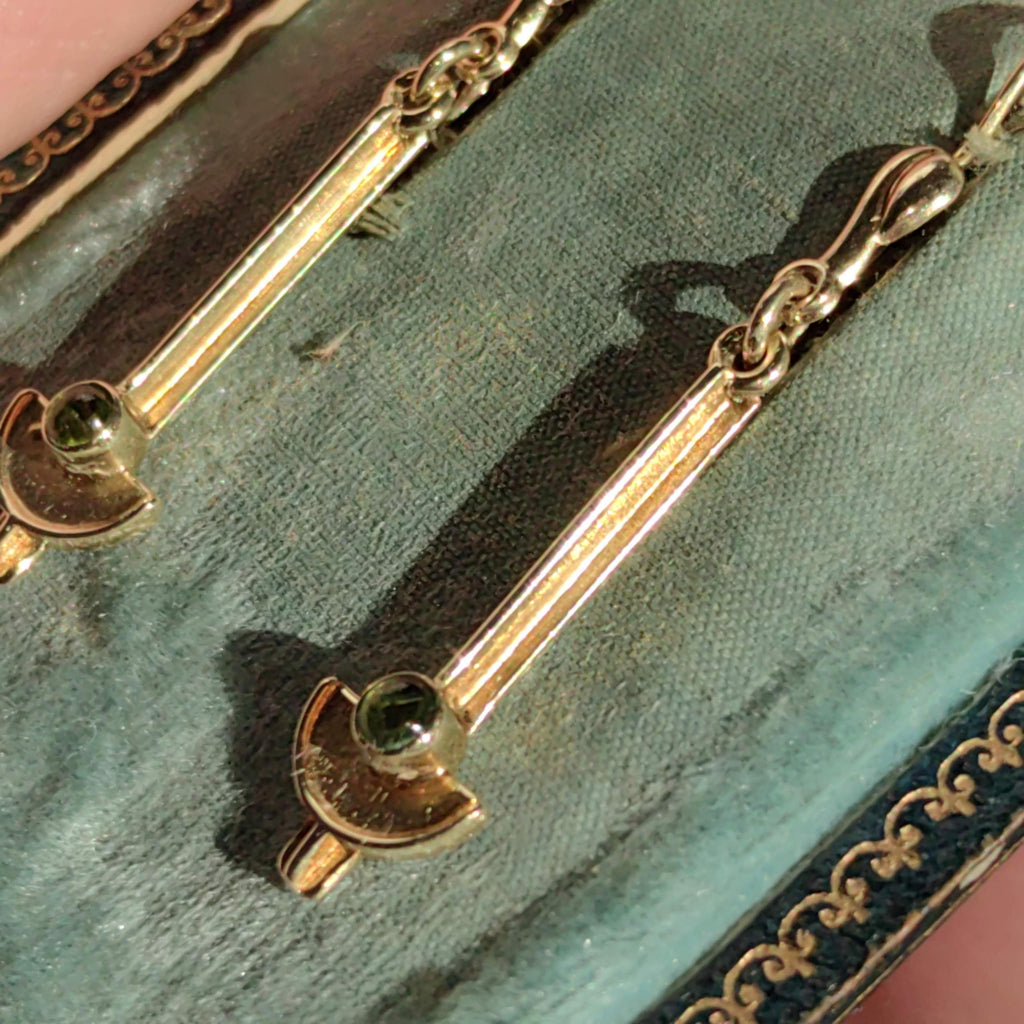 Mid Century Antique Natural Green Peridot Solid 14k Yellow Gold Dangle Drop Long Statement Elegant Geometric Earrings Gift for Her