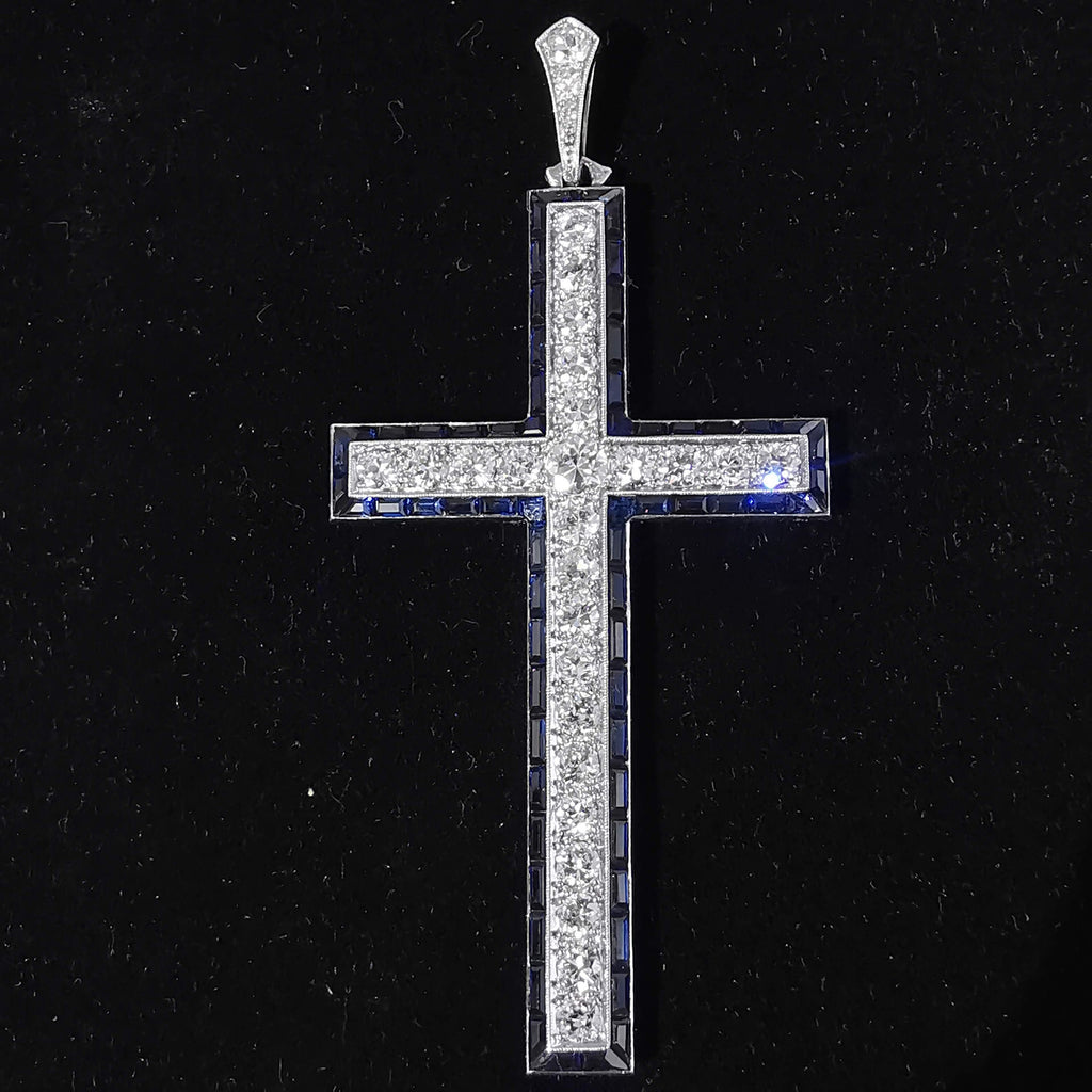 1920s Art Deco Platinum Cross Pendant: Diamond & Sapphire Antique