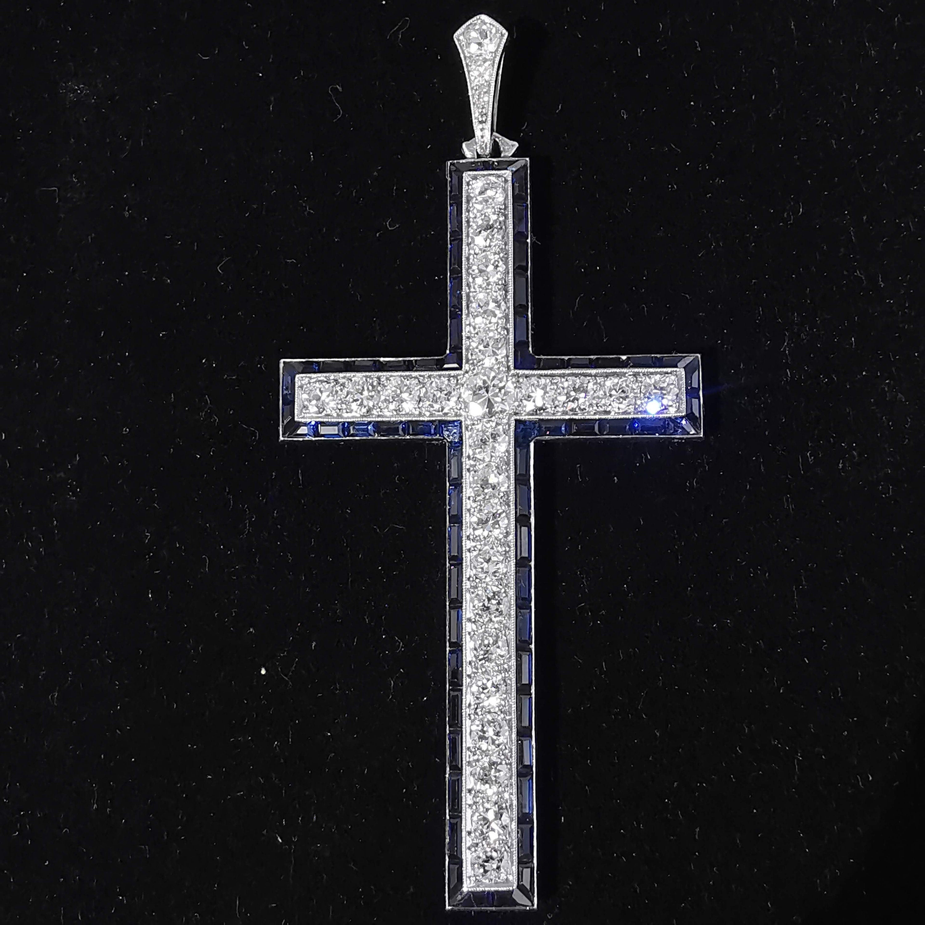 1920s Art Deco Platinum Cross Pendant: Diamond & Sapphire Antique