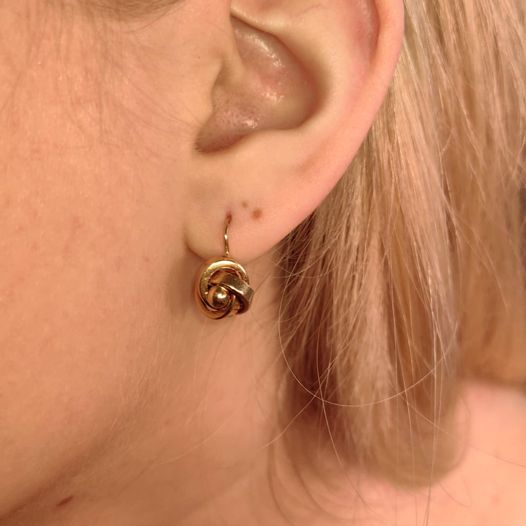 Vintage 14K Solid Yellow Rose Gold Love Knot Sleepers Dormouse Lever Back Closure Earrings Gift for Her Present